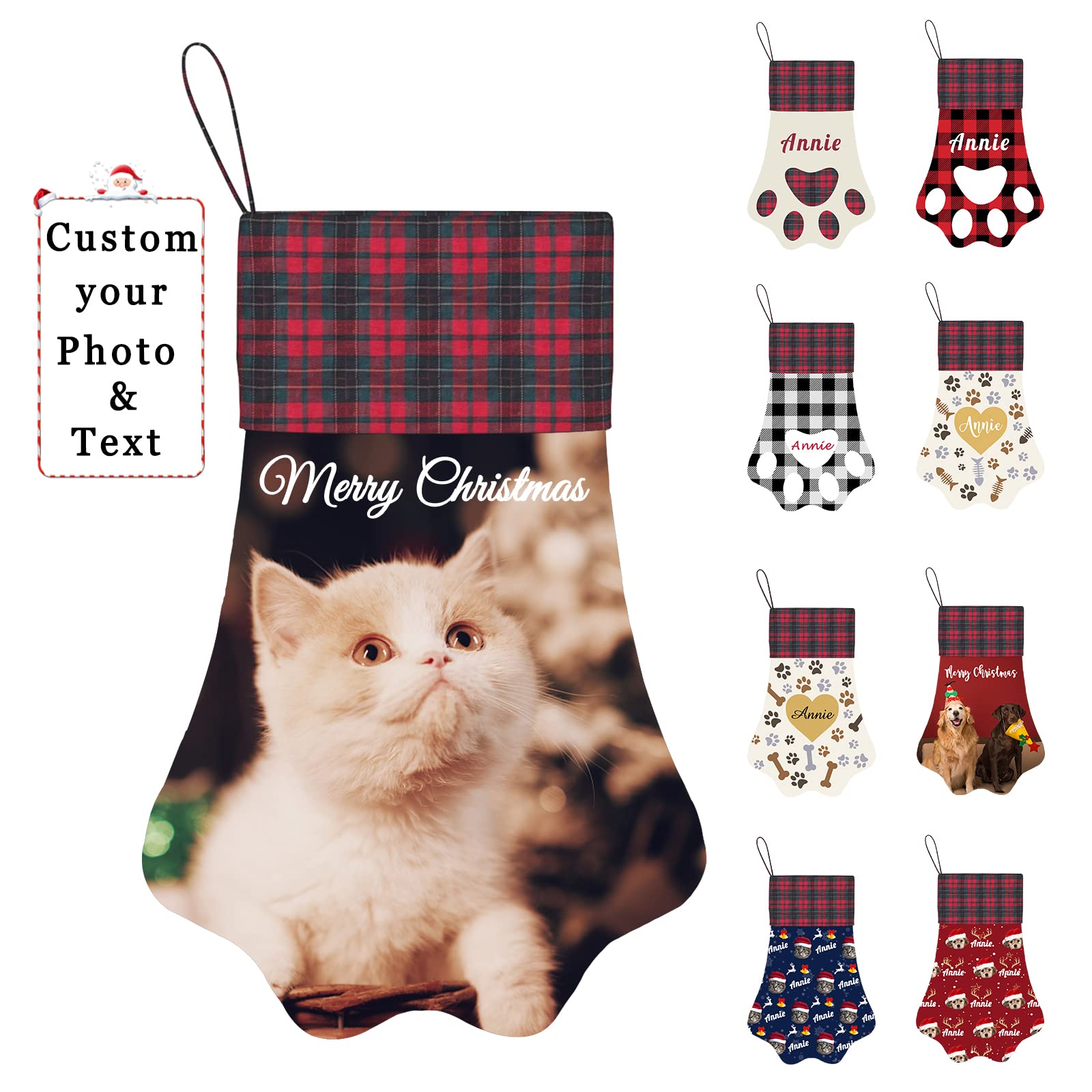 SeeWeLove Personalised Christmas Stockings for Dogs Cats Custom Pet Dog Cat Name Photo Candy Stocking Bag,Large Paw Shape Handmade Xmas Hanging
