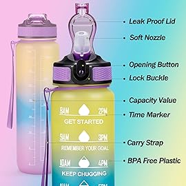 YC Kitchen Motivational Water Bottle with Time Marker - 32oz, Leak-proof BPA Free Sports Water Bottles with Straw & Carrying Strap
