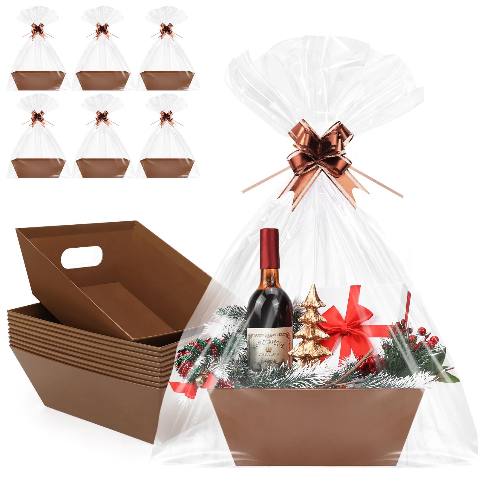 Confezione da 10 cestini vuoti marroni per regali, 25,4 x 20,3 cm, con 10 sacchetti regalo trasparenti e 10 fiocchi, cesti regalo vuoti per Natale