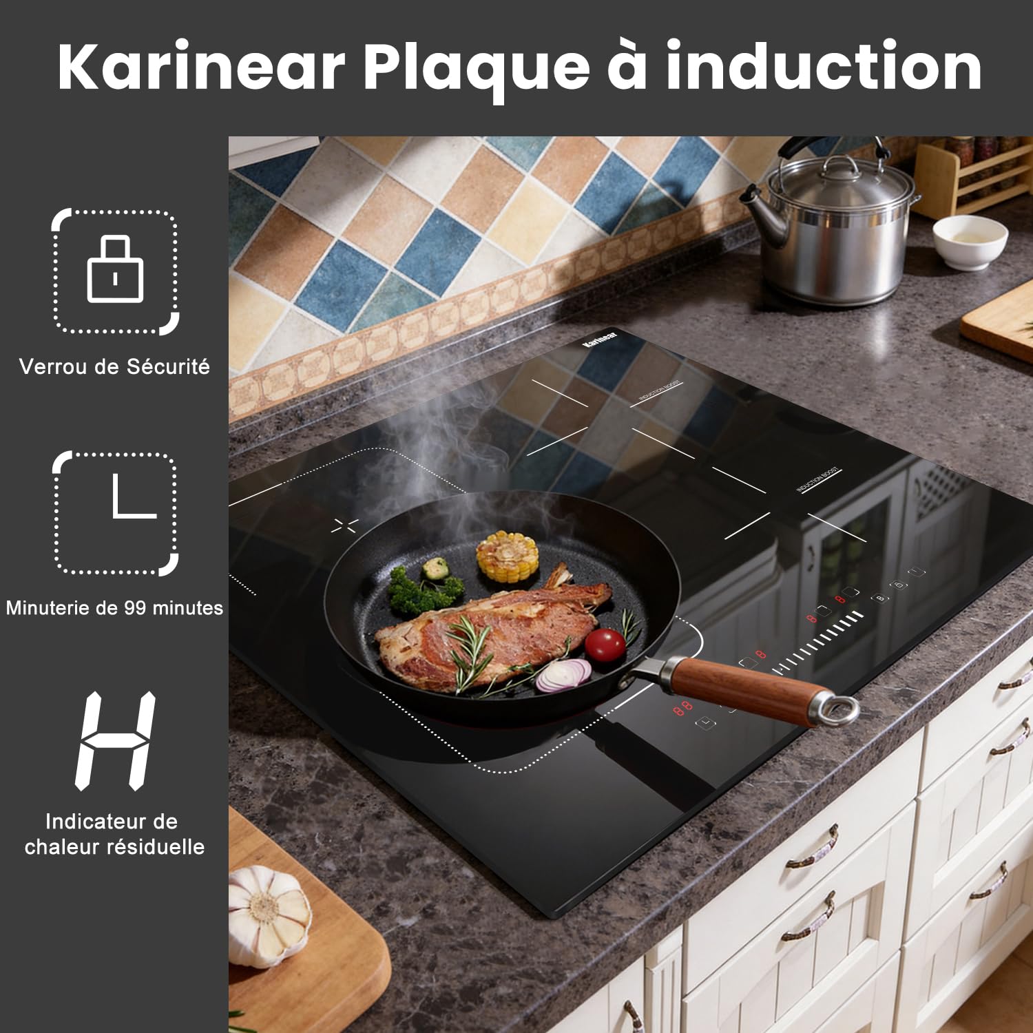 Karinear Plaque Induction 4 Feux avec Flexi Zone, Plaque de cuisson Induction encastrable 60cm, 7200W, Commande à curseur, fonction Boost, minuterie, sécurité enfants, 220V