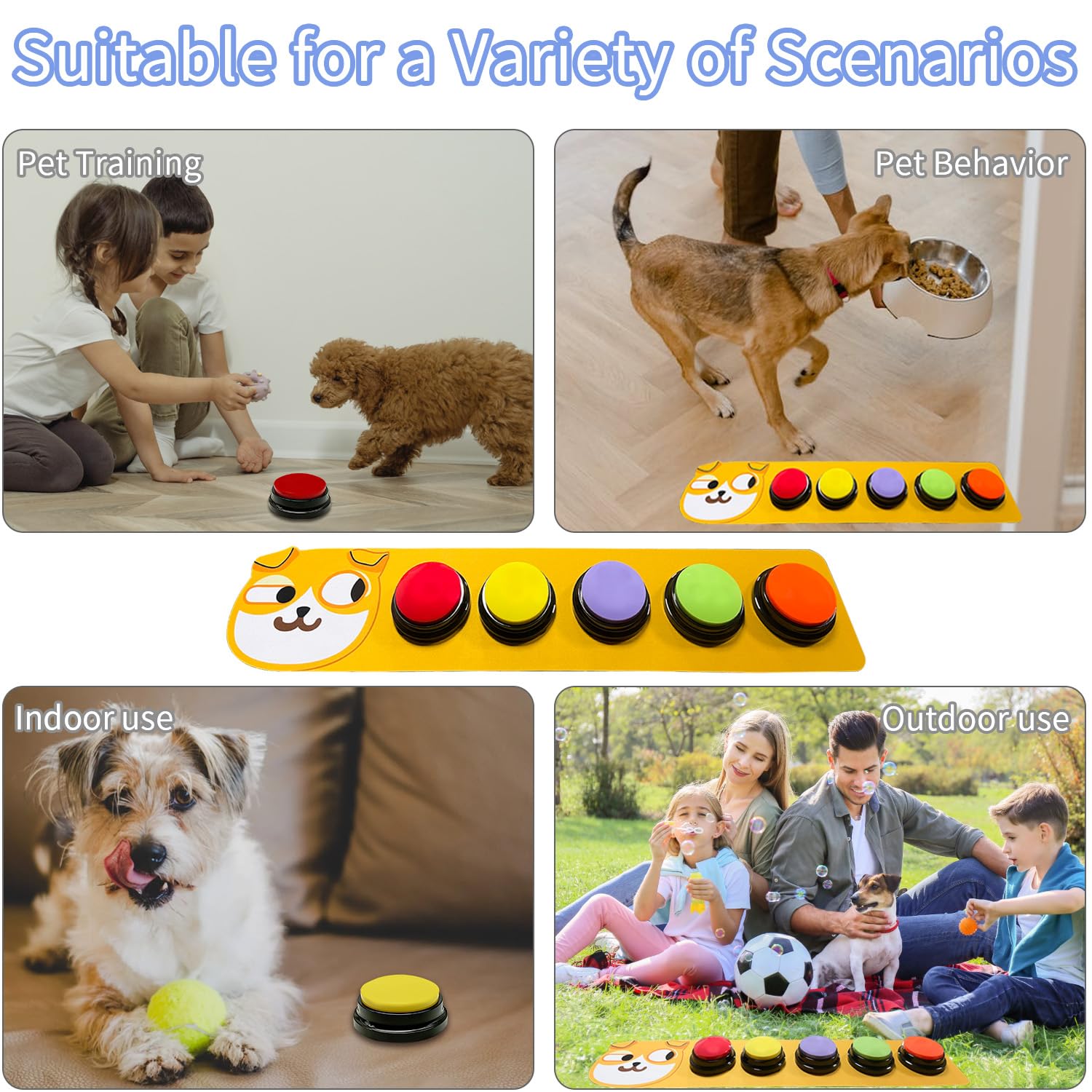 Set 5 Pulsanti per la Comunicazione con i Cani, Pulsanti Registrabili 30 Secondi con 50 Adesivi per Scenari e Tappetino Antiscivolo per Addestramento Domestico, Dispositivo per Addestramento