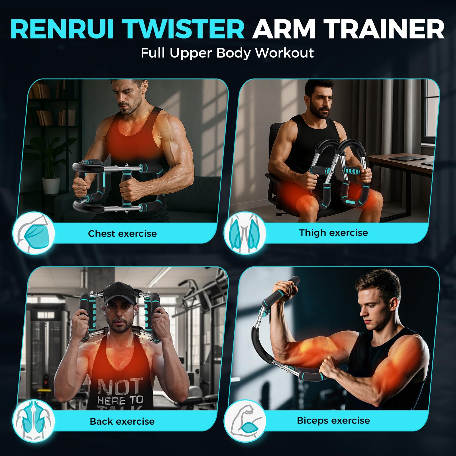RENRUI Twister Arm Trainer Chest Workout Equipment for Men & Women, Adjustable 5 Resistance (40-130 lbs) Home Gym Strength Trainer with Anti-Slip Handles & Carry Bag (Blue&Sliver)