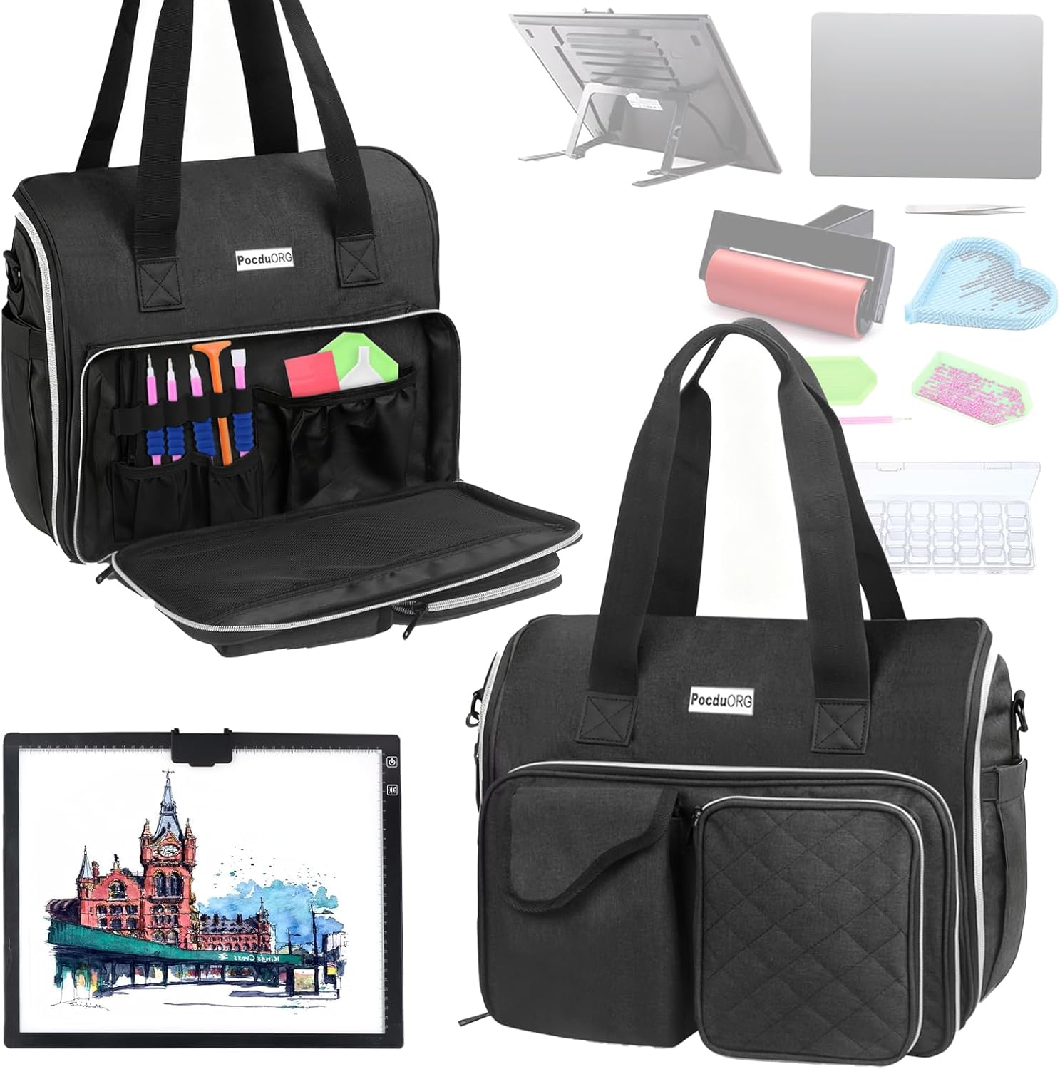 Portable A4 Light Pad Storage Bag for Diamond Painting Accessories, Tote Organizer Case with Multiple Pockets - Compatible with A4/A3 Light Board, Art Supplies & Travel Carrying (Light Gray)