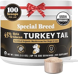 Organic Turkey Tail Mushroom for Dogs and Cats, 45% Beta Glucan Standardized, Hot Water Extracted Whole Fruiting Body, Third Party Tested, Immune and Gut Support, No Fillers, Made in USA, 330 ct