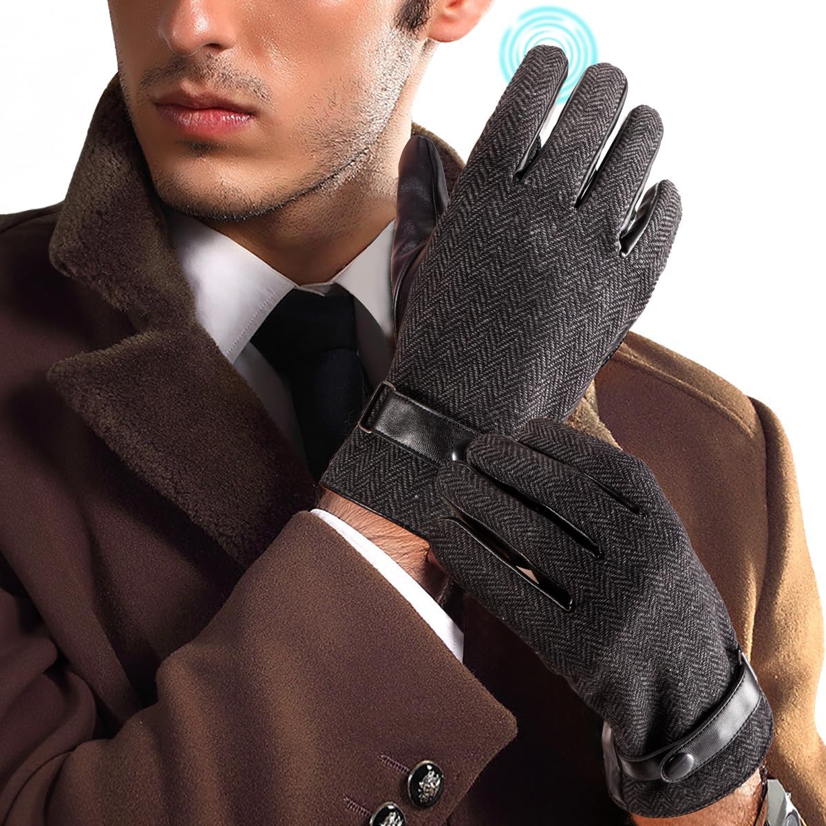 Herringbone Tweed Gloves for Men Touchscreen Winter Warm Lined Driving Black Brown Wool Blend Retro 1920s, S-XXL