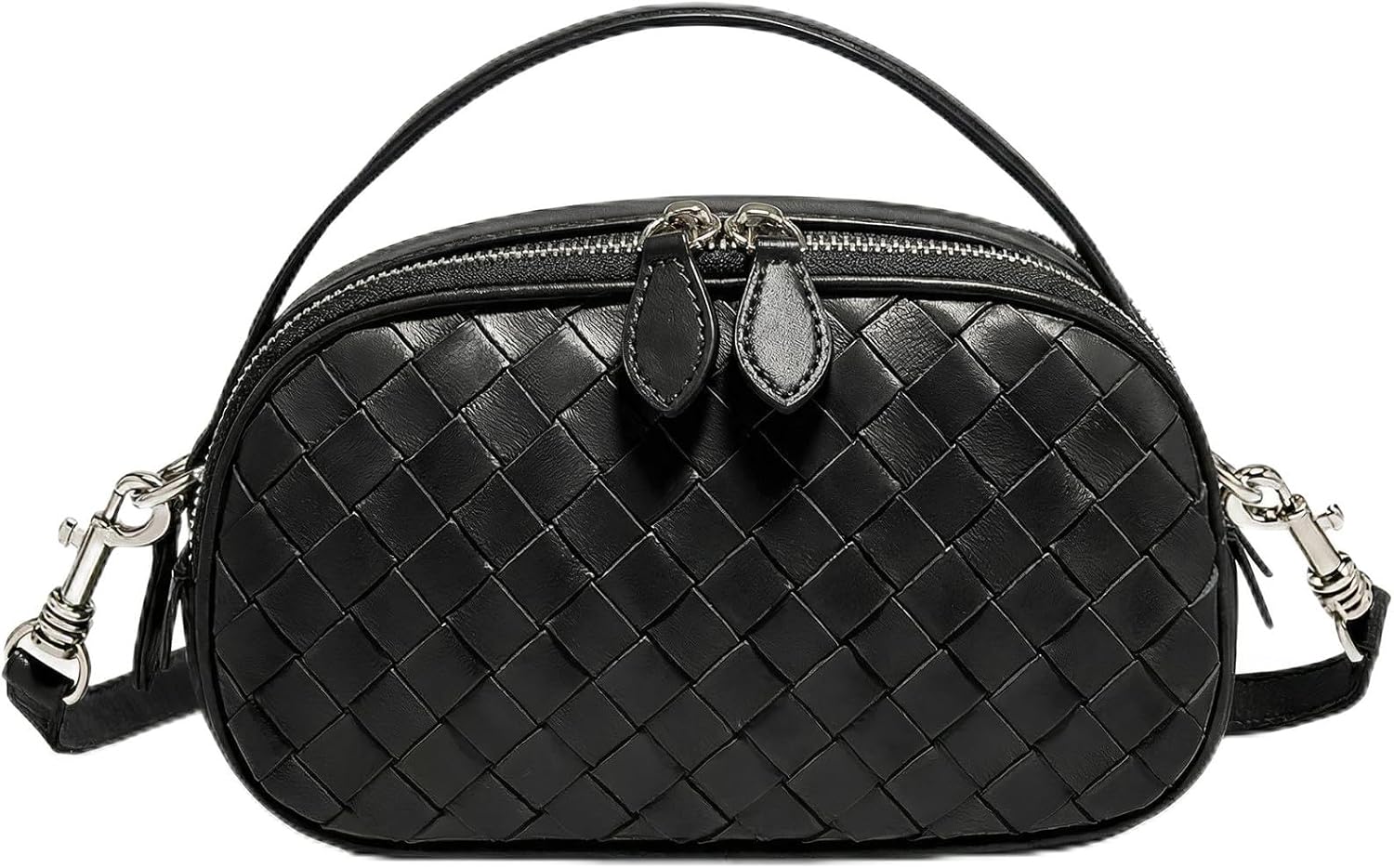 Woven Crossbody Bag for Women, Small Shoulder Purse with Top Handle, Double Zip Handbag for Daily Use
