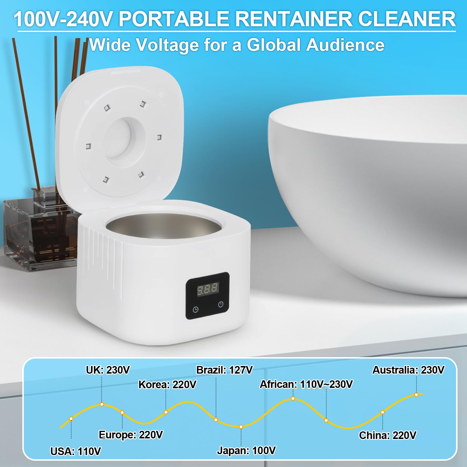 Retainer Ultrasonic Denture Cleaner Machine, 49kHz Dental Night Guard Cleaning Tablets Ultra Sonic Dental Tools for Aligner, Braces, Toothbrush Head & Jewelry with Digital Timer & 3 Mode White (340ML) — view 7