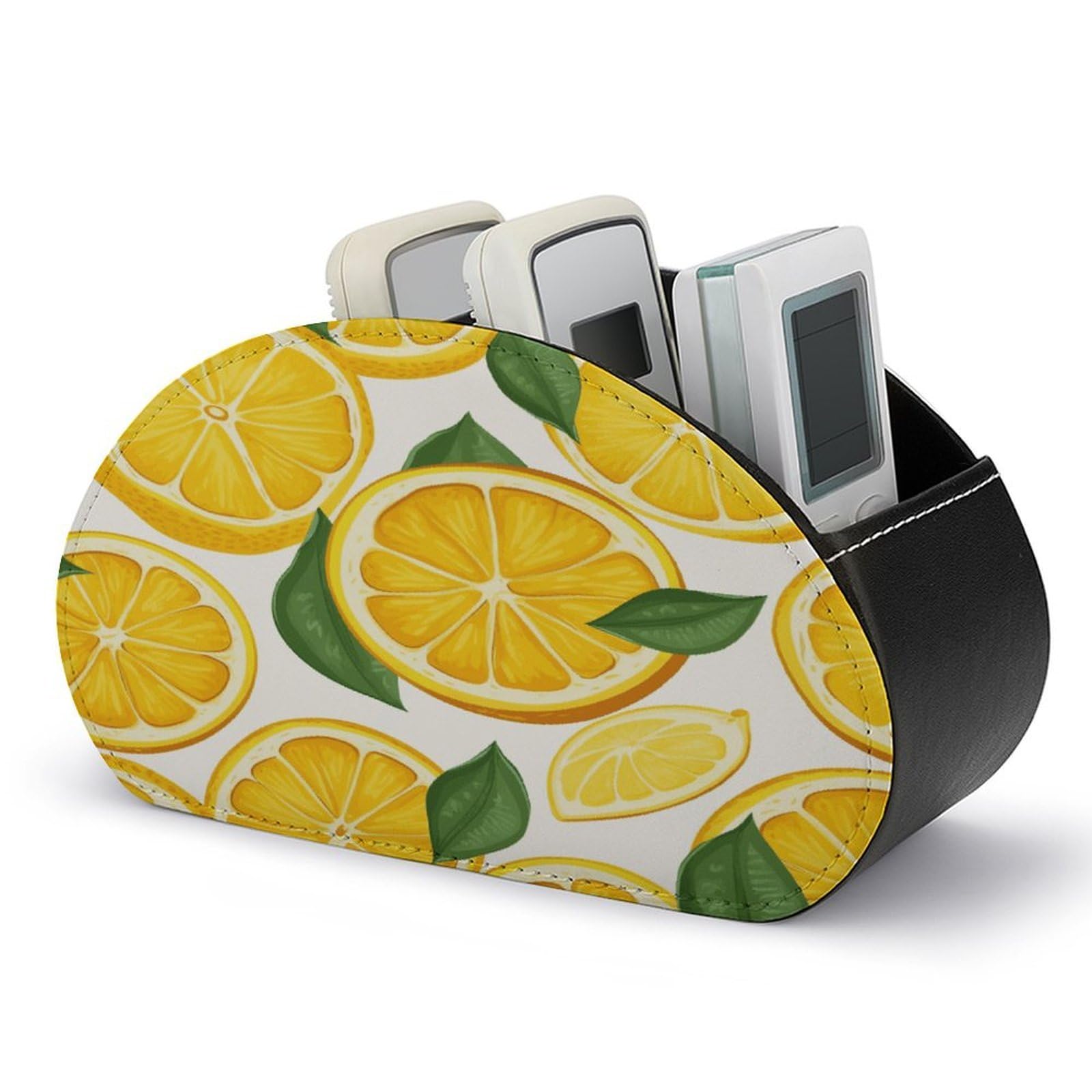 JTREHY Lemon Fruit Pattern Remote Control Holder 5 Compartments Remote Caddy Tray PU Leather TV Remoter Storage Box Bedside Table Storage Organizer Office Desk Storage Case