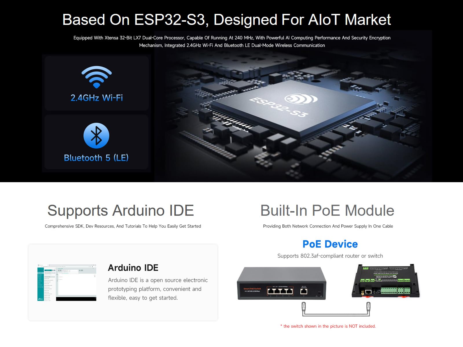 ESP32-S3 8-Ch cyfrowy kontroler wejścia i wyjścia, dwurdzeniowy procesor, wbudowany moduł PoE, obsługa portu WiFi/Bluetooth / RS485 / CAN/Eth itp. Wiele obwodów ochrony izolacji