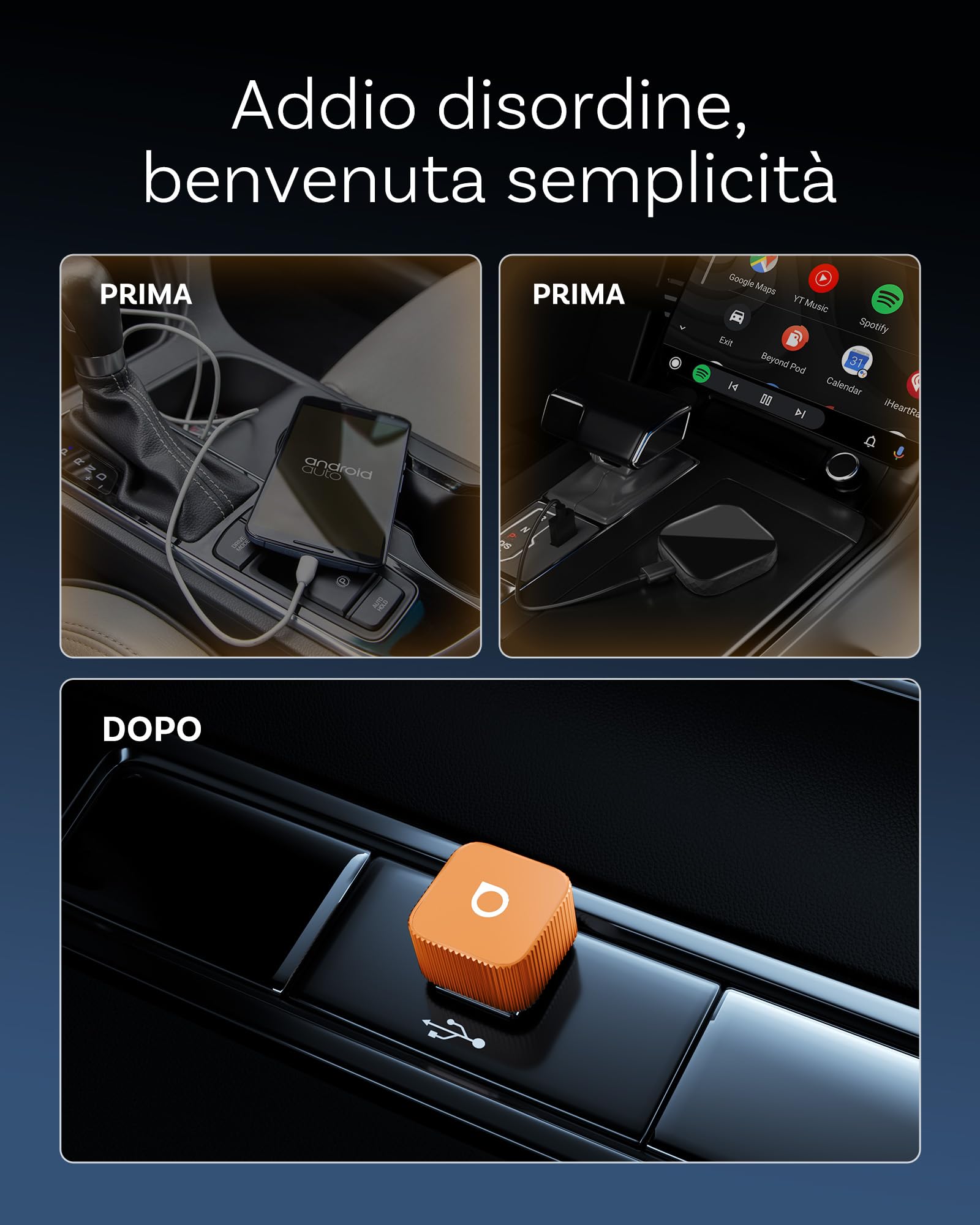 OTTOCAST MINI 3.0 Slim 2026 Adattatore CarPlay Wireless, 2-in-1 per iPhone & Android Auto, Converte CarPlay e Android Auto cablati in modalità senza fili, MINI Cube arancione