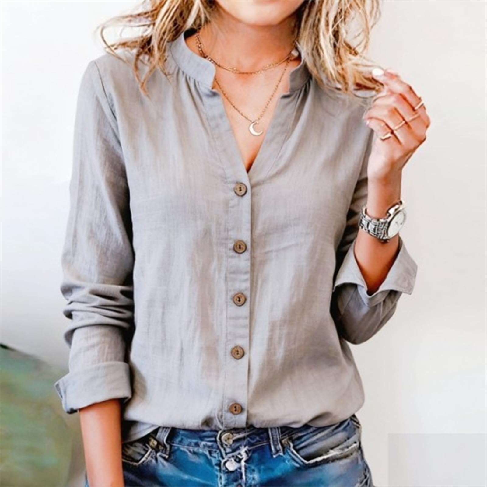 Maniche Lunghe da Donna Camicia Casual Primavera Estate A Tinta Unita con Bottoni-bianco-2xl