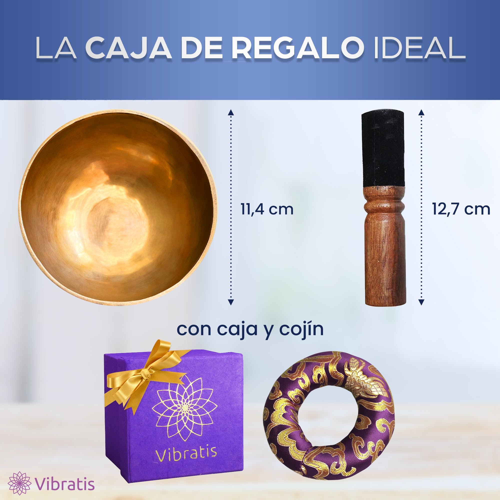 VIRHEA Cuenco Tibetano – Cuenco de 7 Metales Hecho a Mano de Nepal + Cojín + Mazo de Madera + Caja Lokta – Ideal para Meditación y Terapia de Sonido