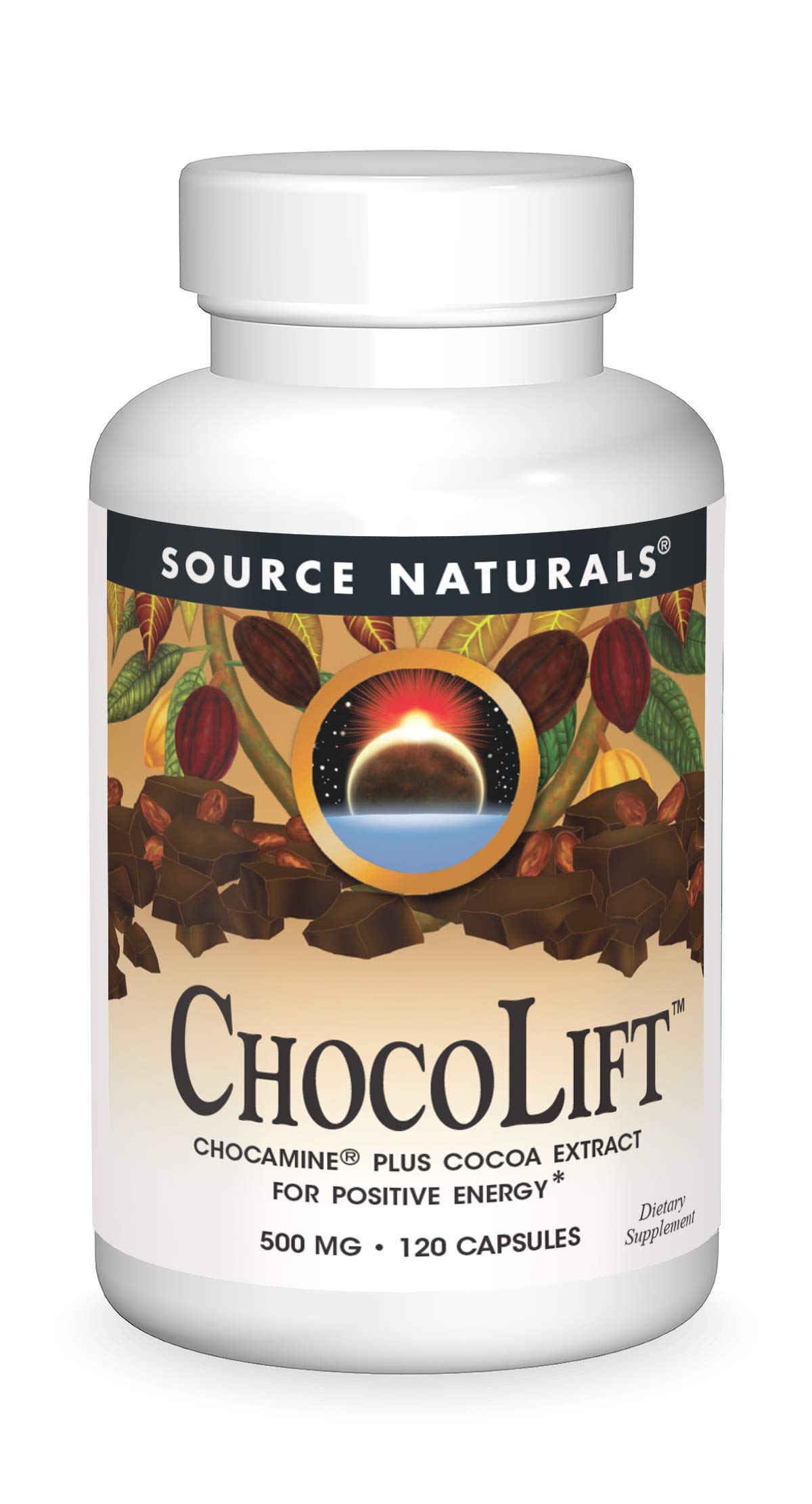 Source NaturalsChocoLift 500mg, Chocamine Plus Cocoa Extract for Positive Energy*, 500 mg - 120 Capsules