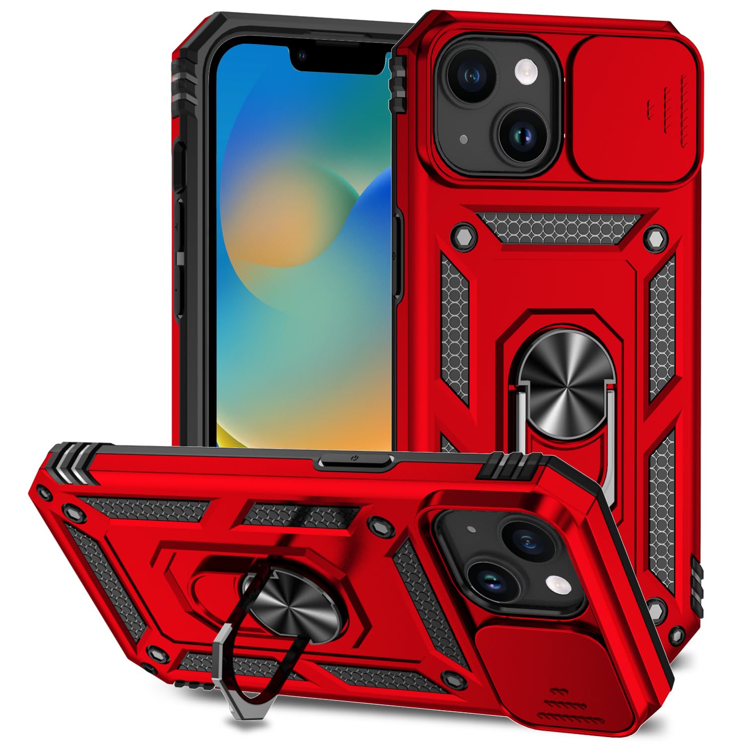 Hitaoyou Compatible with iPhone 15 Plus Case with Camera Cover & Kickstand, Slide Lens Protection + 360° Rotate Ring Stand, Impact-Resistant,