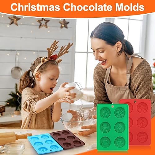 Miniatura 6 de AIERSA Moldes de silicona para chocolate de Navidad, 4 moldes circulares de Navidad para bricolaje de chocolate de Navidad, galletas, dulces,