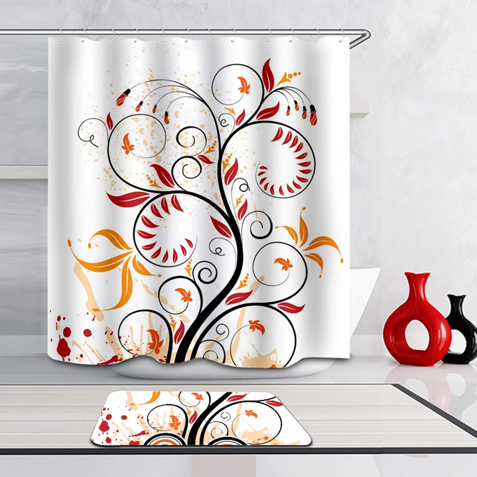 Daesar Dywaniki łazienkowe prysznic 40 x 60 kwiaty 150 x 200 cm zasłona łazienkowa do łazienki, zestaw 2-częściowy