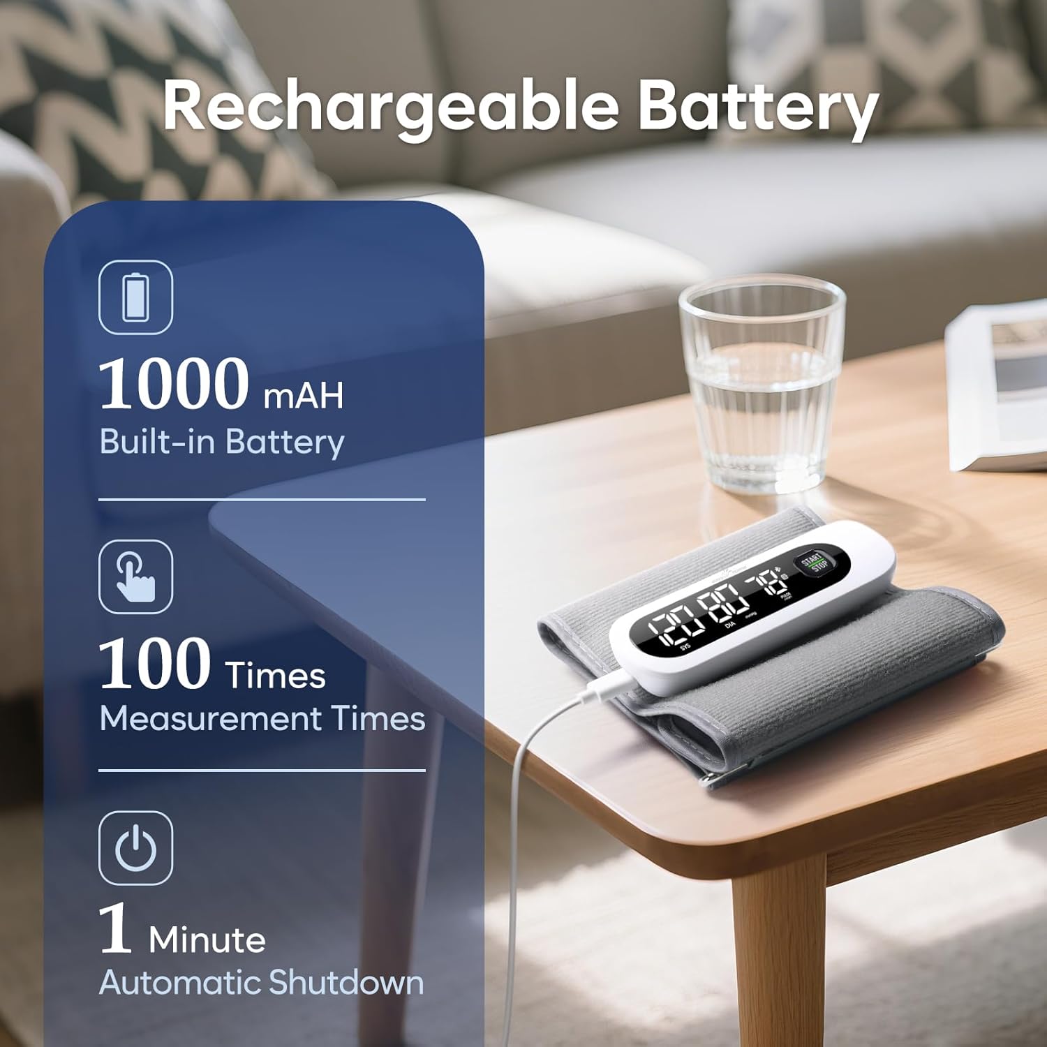 Wireless Bluetooth Blood Pressure Monitor for Home Use: Easy@Home Rechargeable BP Machine with Large Cuff, Free MyHeartPal App, One-Piece Design, Compact & Portable, iOS & Android Compatible, EBP-96B