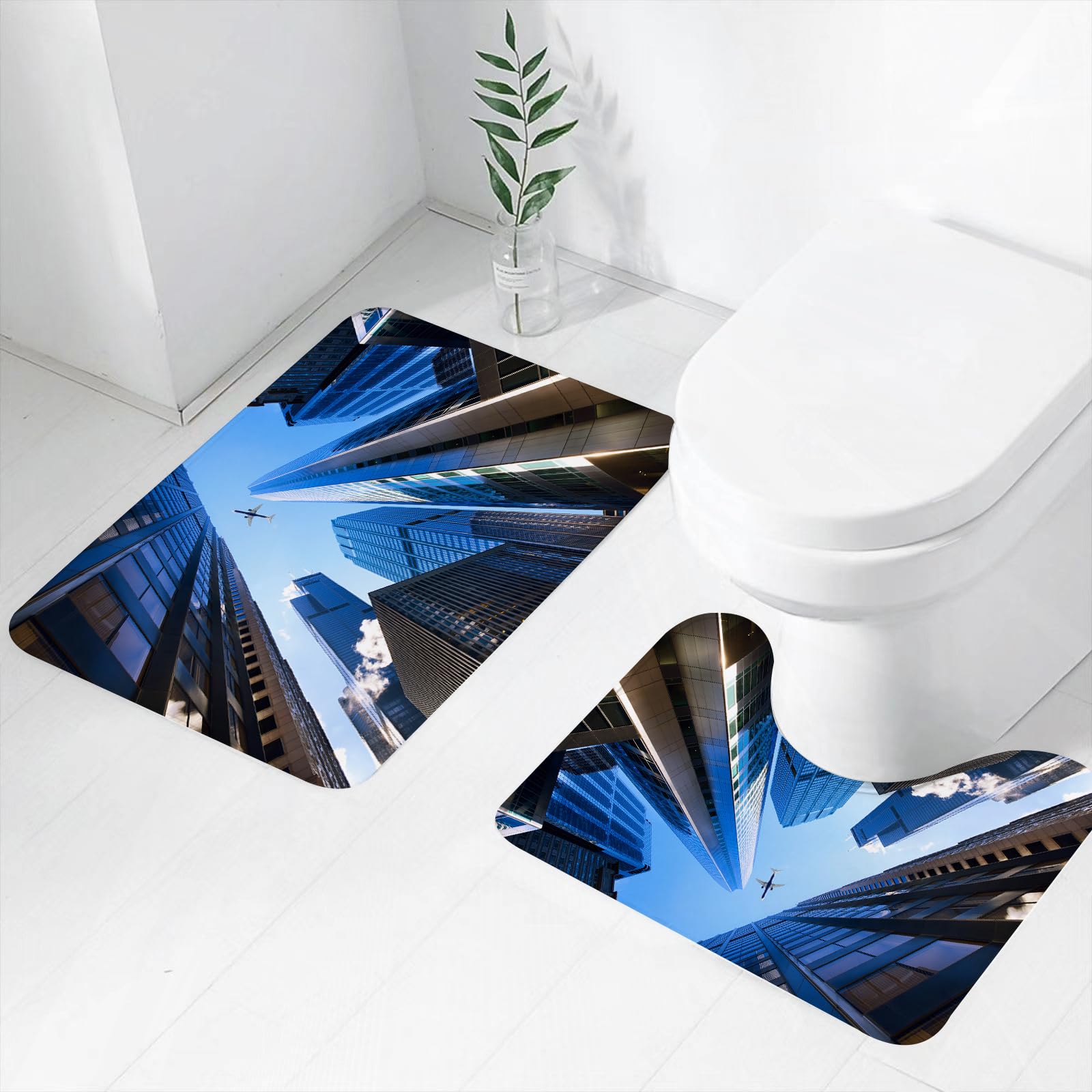 Set di 2 tappetini da Bagno, Lavabili in Lavatrice e Antiscivolo, in Morbida Fibra Superfine, con Vista Urbana sui grattacieli del Distretto finanziario di Chicago.
