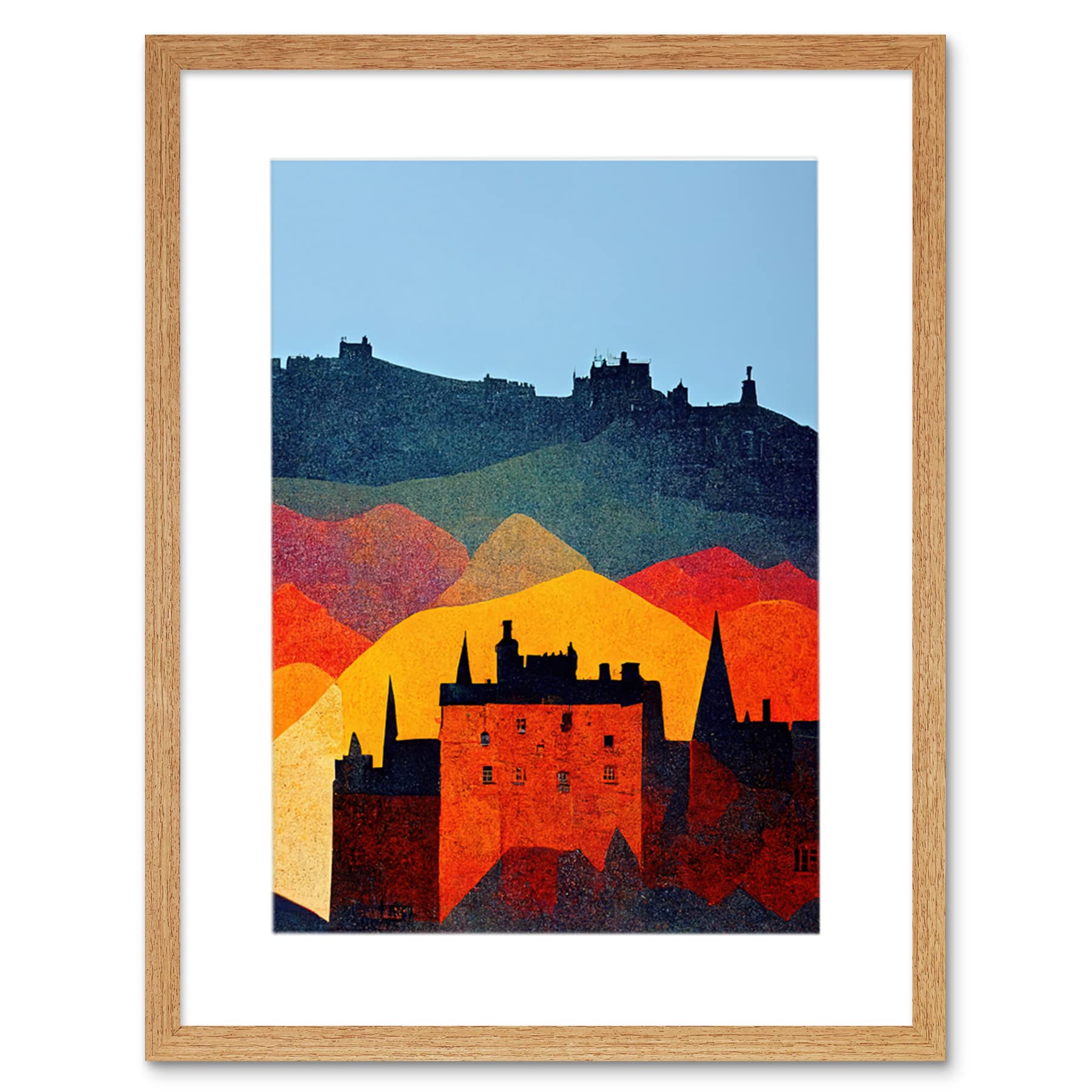 Wee Blue Coo Edinburgh In Autumn Scotland Scottish Modern Folk Art Multi Coloured Cityscape Artwork Framed Wall Art Print 12X16 Inch