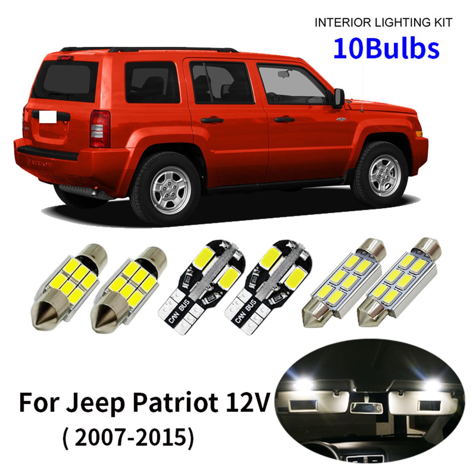 10 pièces Canbus sans Erreur LED Ampoule Kit Paquet, pour Jeep Patriot 2007-2015 12V intérieur Carte dôme Coffre Licence lumière
