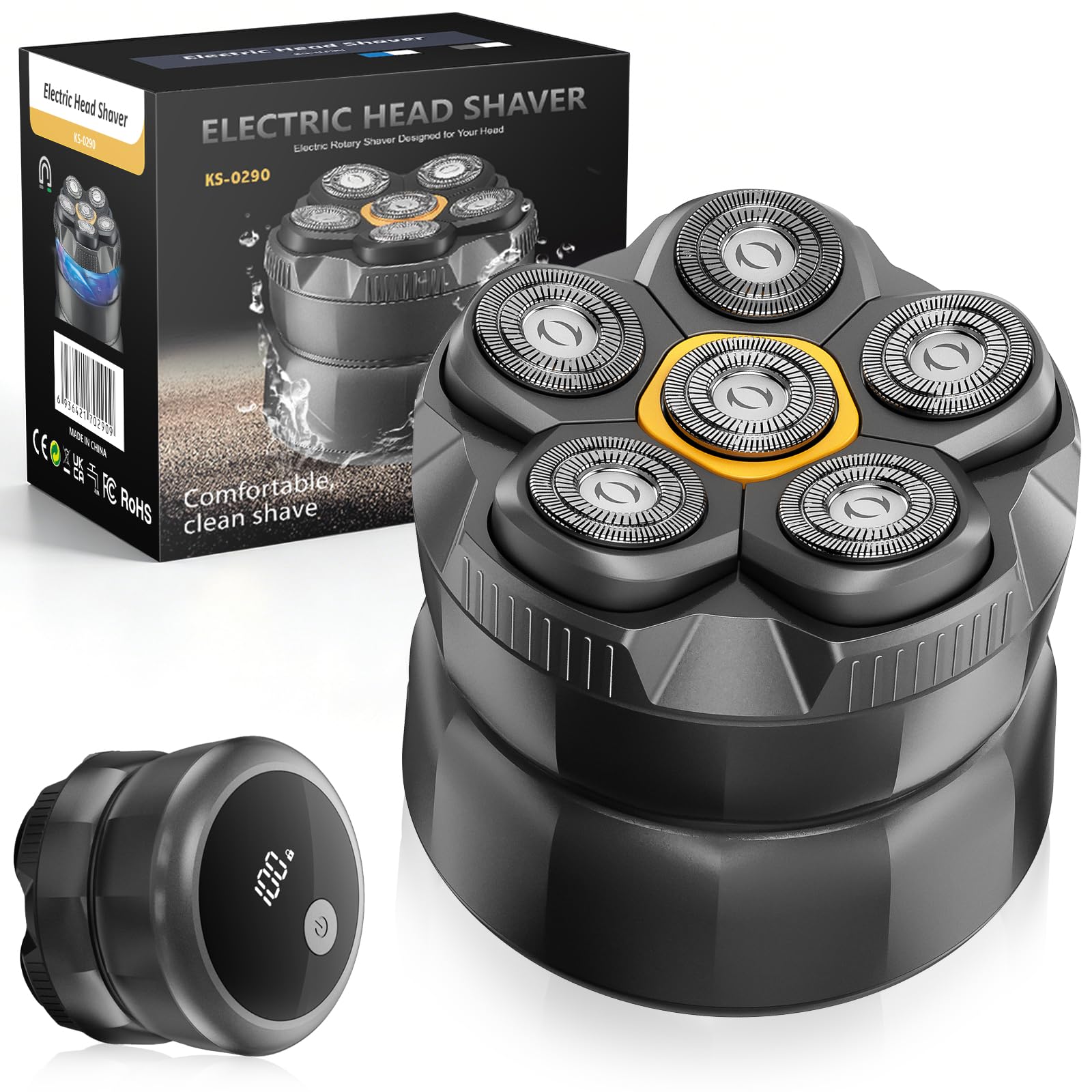 Qhot Glatzen Rasierer Herren, 120 Min Akku & 6D Schwimmkopf, elektrischer Kopfrasierer mit LED Display, USB-C Ladekabel, Magnetischer Scherkopf für leichte Reinigung