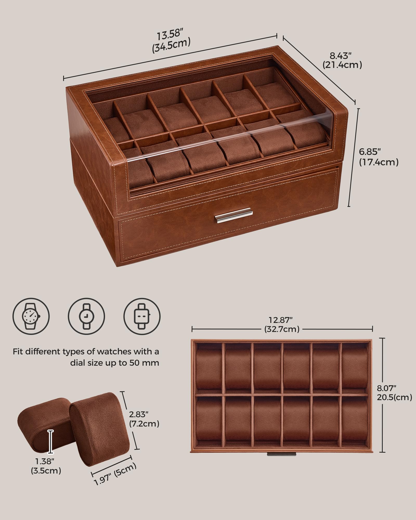 ProCase Caja de Reloj con 12 Ranuras con Tapa Transparente, Caja de Reloj de Cuero PU para Hombre con Cajón, Caja de Almacenamiento de Reloj para Hombre -Marrón | Organizador de relojes y joyas de piel sintética de gran capacidad con tapa acrílica y cajón