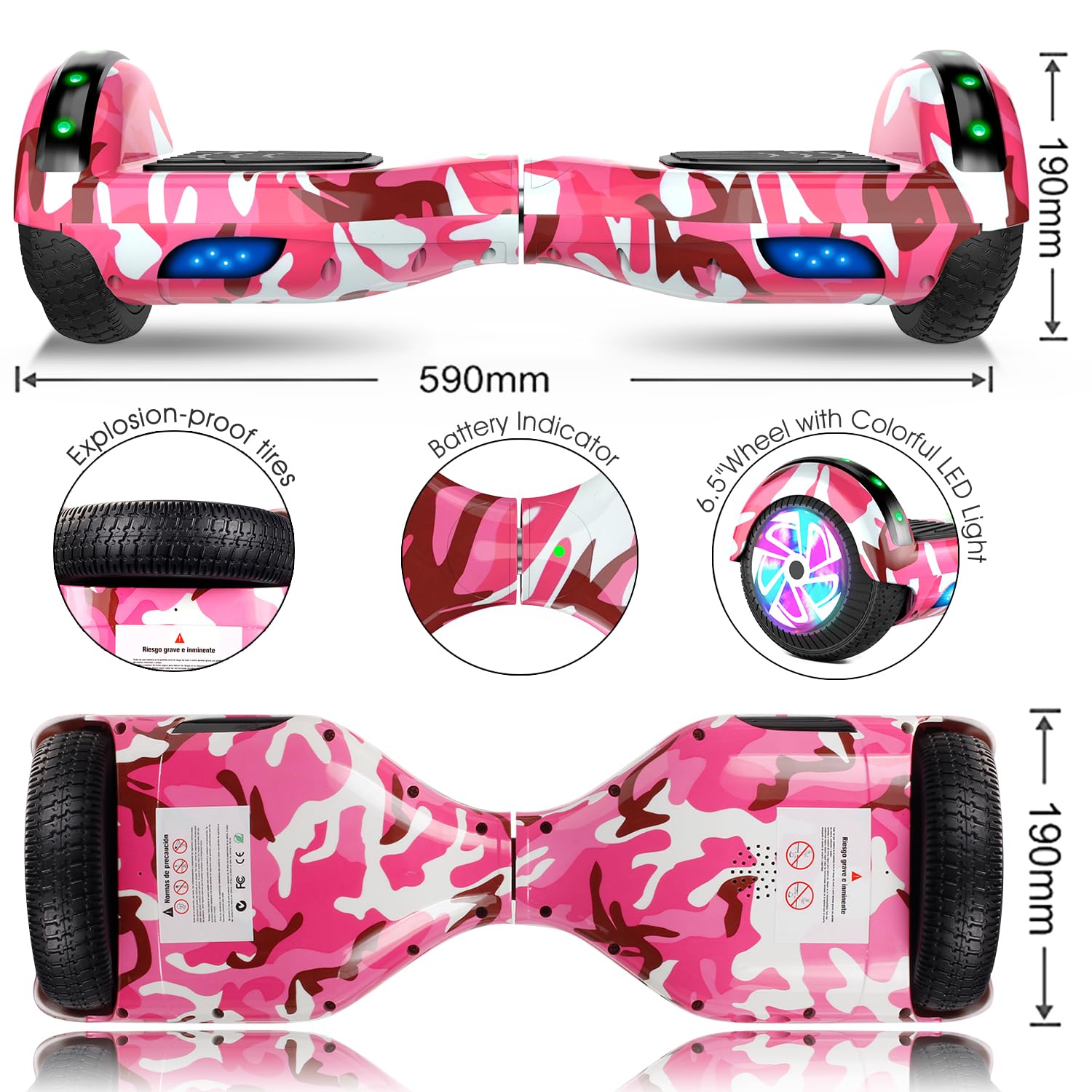 Offroad Hoverboard mit Bluetooth-Lautsprechern LED-Licht, Rutschfeste Fußpolster,6.5 Zoll Reifen Leistungsstarke große Batterie Hoverboard