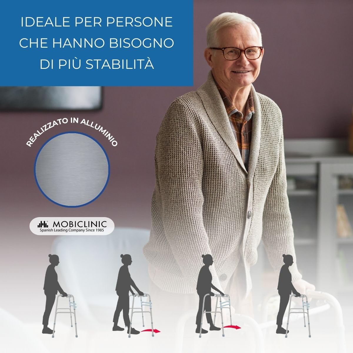 Mobiclinic®, Deambulatore Pieghevole, Senza Ruote, Mezquita, Ausilio per la Mobilità, Estremità Antiscivolo, Altezza Regolabile, Pieghevole, Alluminio, Ultraleggero, Sicuro, Peso Massimo 100 kg