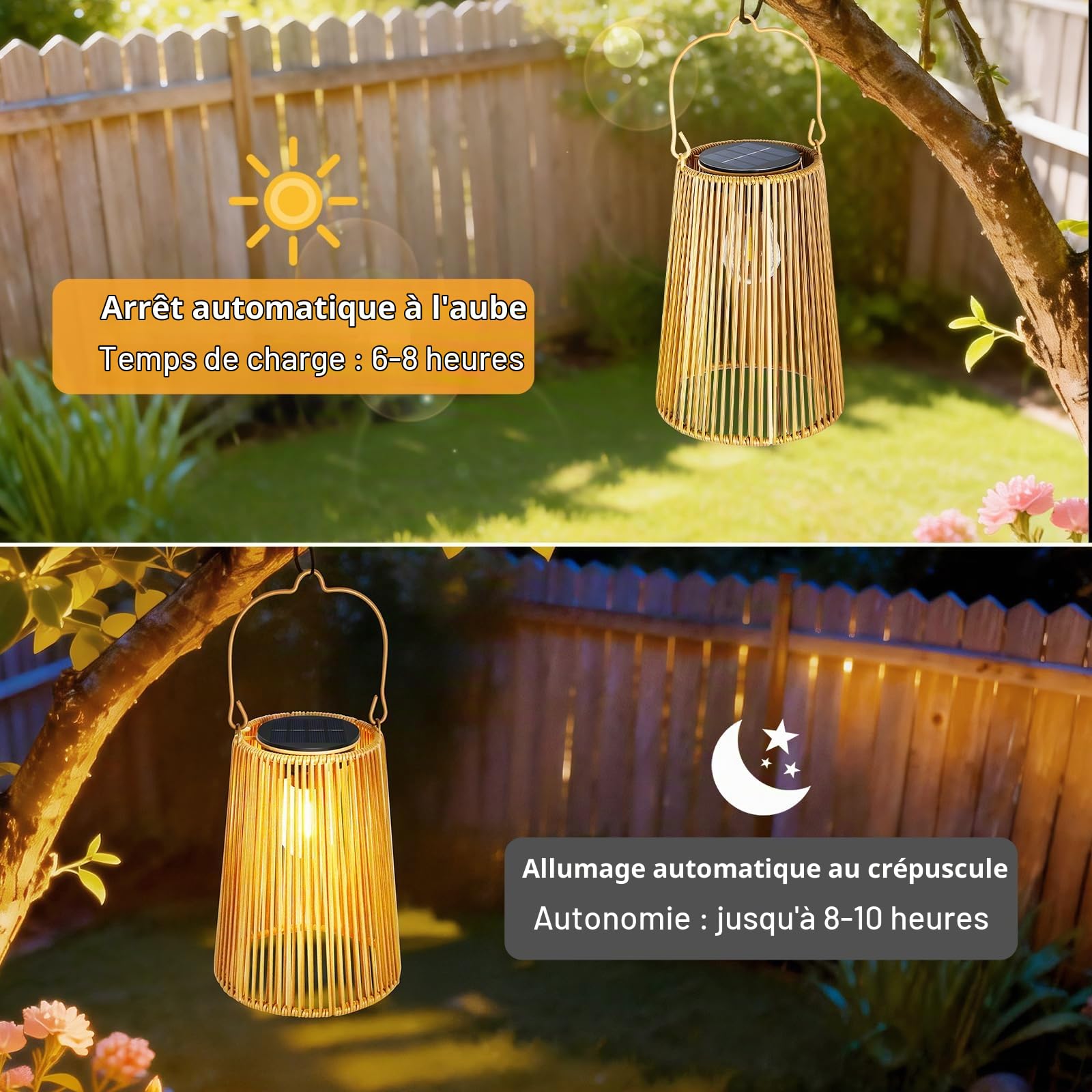 Lanterne Solaire Exterieur en Rotin, Suspendues ou Posables, LED, Étanches, Allumage Automatique, Artisanales et Décoratives pour Jardin, Terrasse, Balcon ou Table