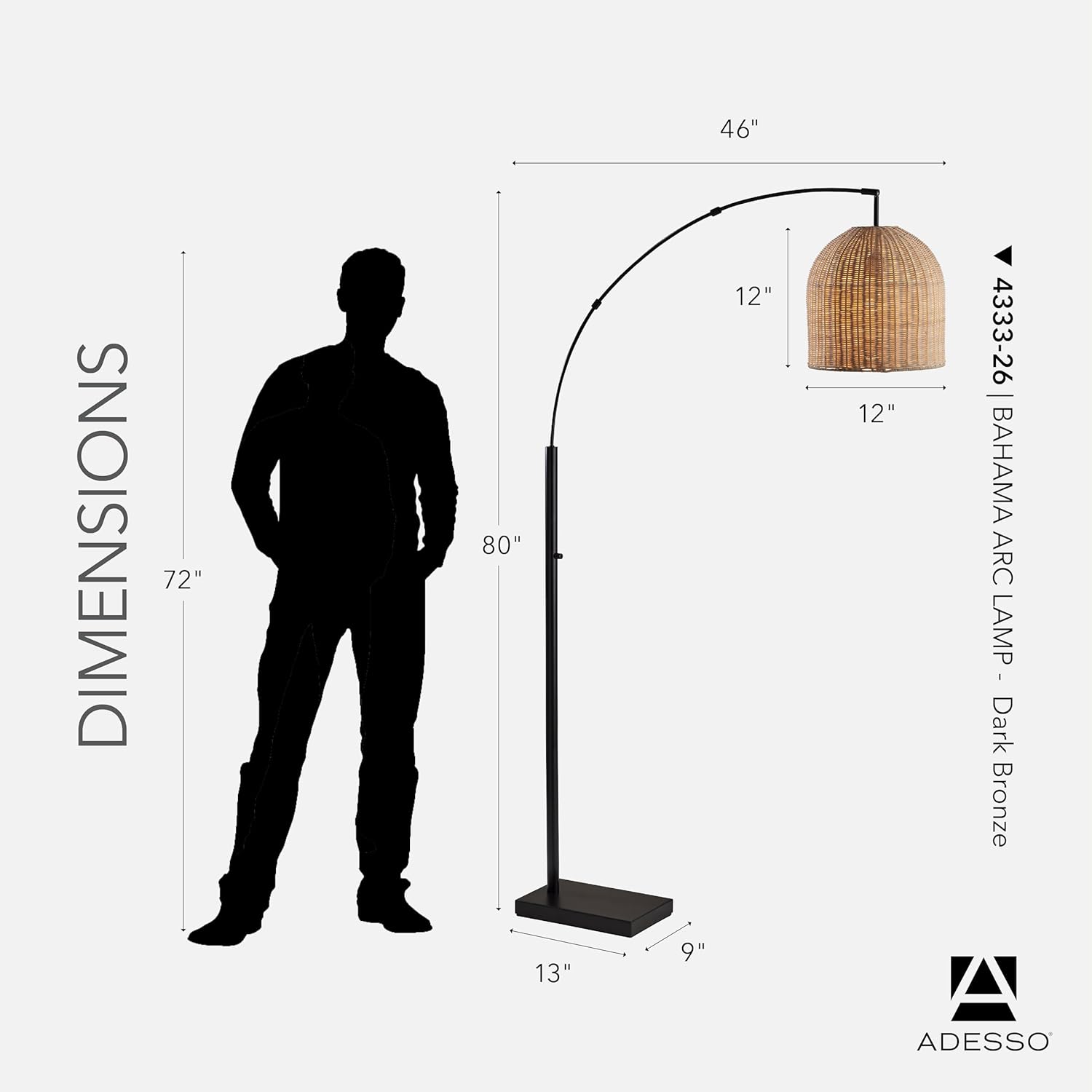 Adesso Bronze Arc Floor Lamp with a Rattan Shade – Modern, Coastal Overhead Accent Light for Bedroom, Living Room, or Home Office, 80” Tall