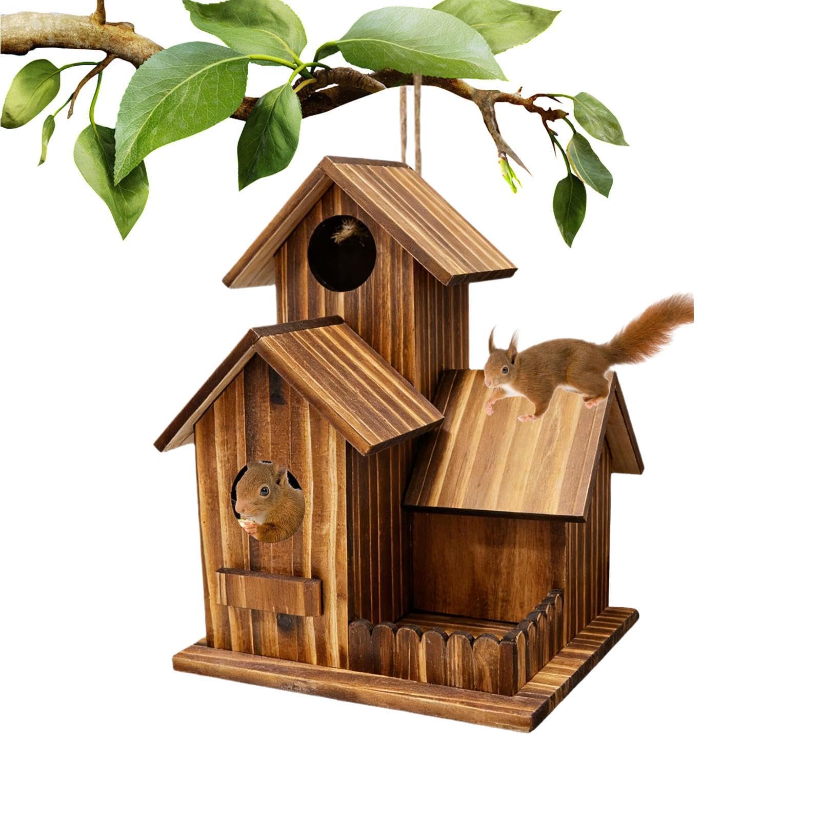 Squirrel Feeders - Three-Room Design Wooden Outdoor Food Station | Wood Squirrel House with Flexible Roof - for Garden Tree Deck Patio Balcony Backyard Home