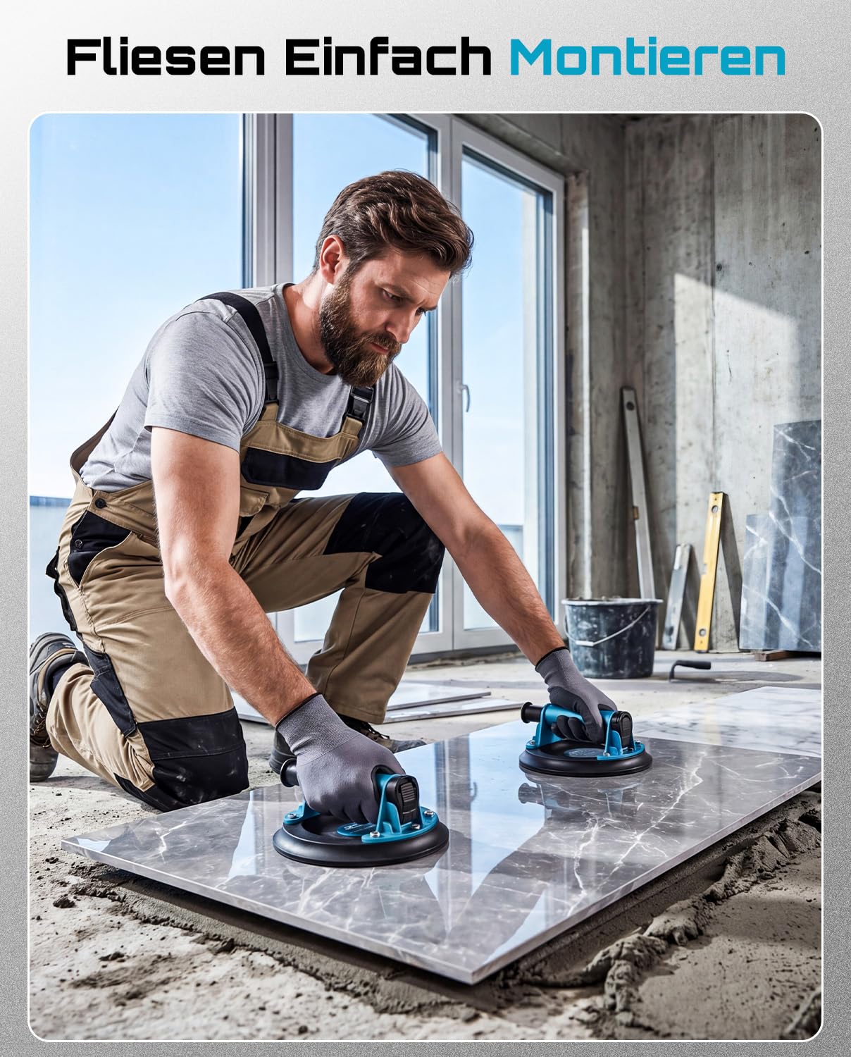 SEESII Vakuum Saugheber Fliesen, 2er-Set 8" Glassauger Tragkraft Max.200KG, Fliesenheber für Glas, Marmor, Laminat & Terrassenplatten, Vakuumheber Glasheber mit Tragbarer Werkzeugkasten