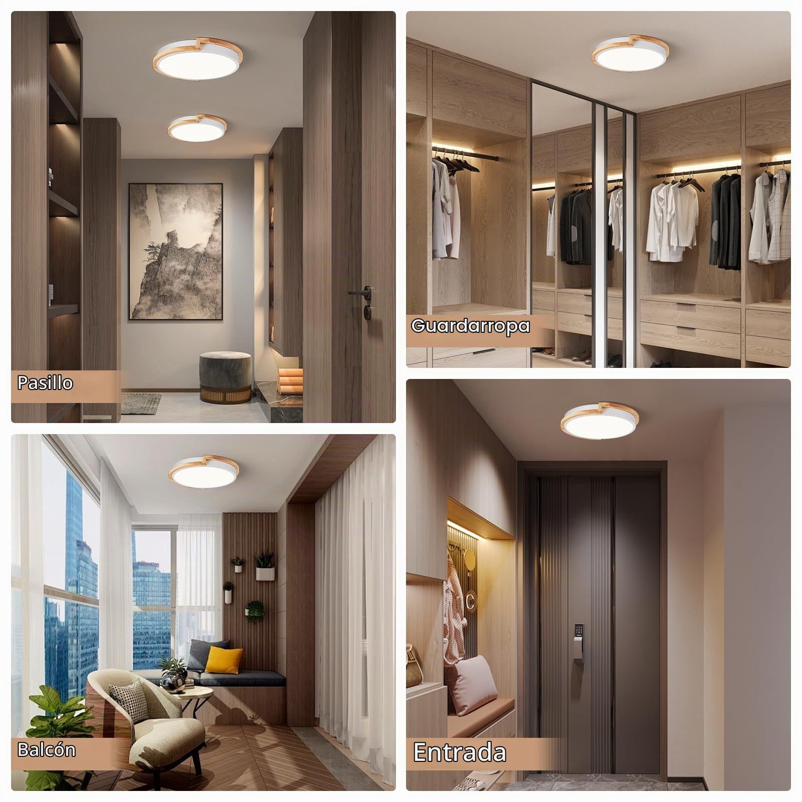 WOKNOS 24W 2650LM 4000K Plafón LED Redondo de Madera, Plafón Blanco 30cm,Dormitorio Salón Cocina Pasillo Comedor
