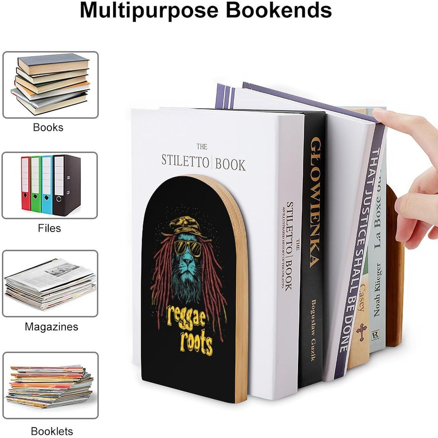 Reggae Lion Roots Cute Wood Book Ends Decorative Bookends 1 Pair Non-Skid for Shelves Home Office 7 X 5 Inch
