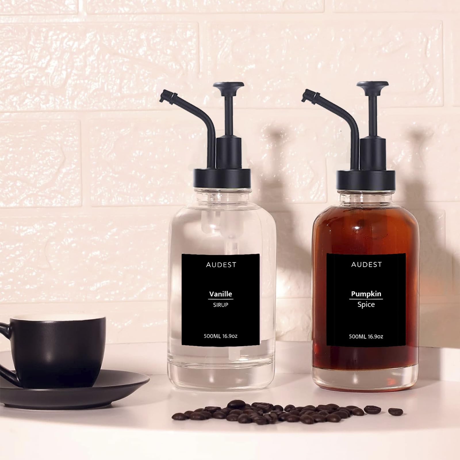 Juego de dispensador de jarabe de café, dispensador de jarabe de café para cocina, dispensador de jarabe de café, dispensador de jarabe de café con 43 pegatinas, embudo, 16,9 oz 500 ml (negro, redondo