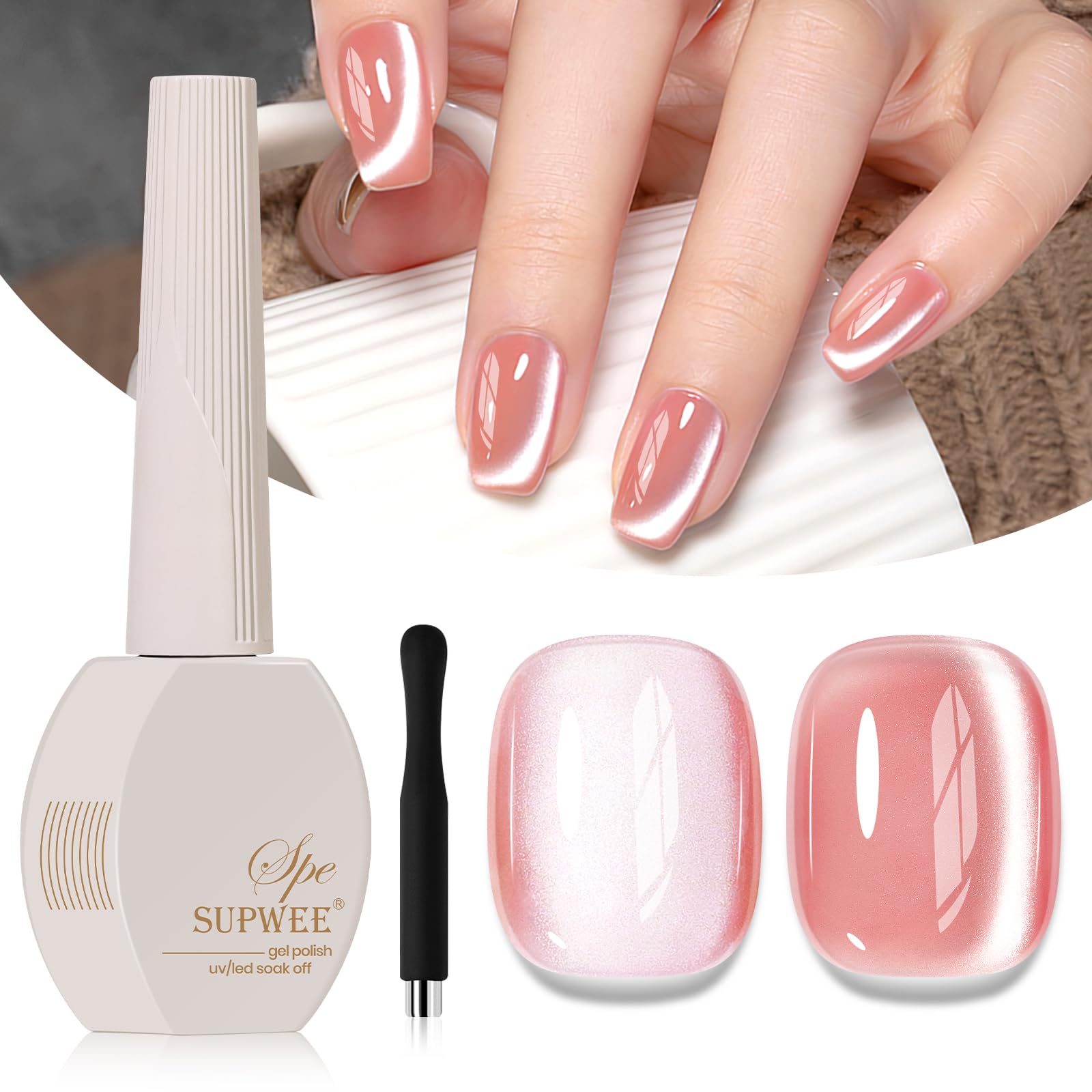 Moonlight Crystal Cat Eye Gel Polish, 15ml Peach Pink Glass Cateye Gel Nail Polish with Magnet Jelly Glitter Gel Polish Soak Off U V Gel Salon DIY at Home