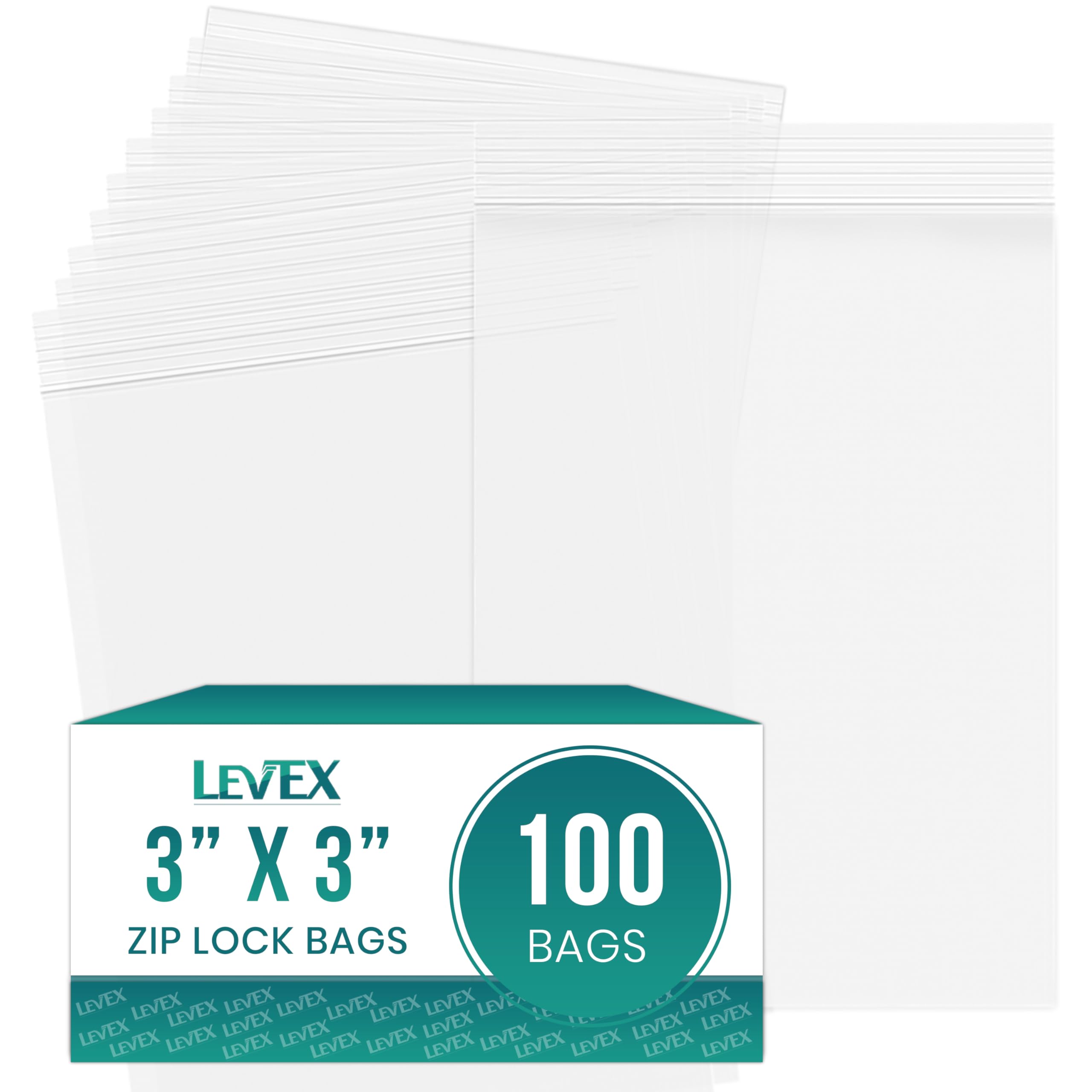 Levex - 3" x 3" (100 Count) 2 Mil Clear Reclosable Zip Plastic Poly Bags with Resealable Lock Seal Zipper for Travel, Storage, Packaging & Shipping