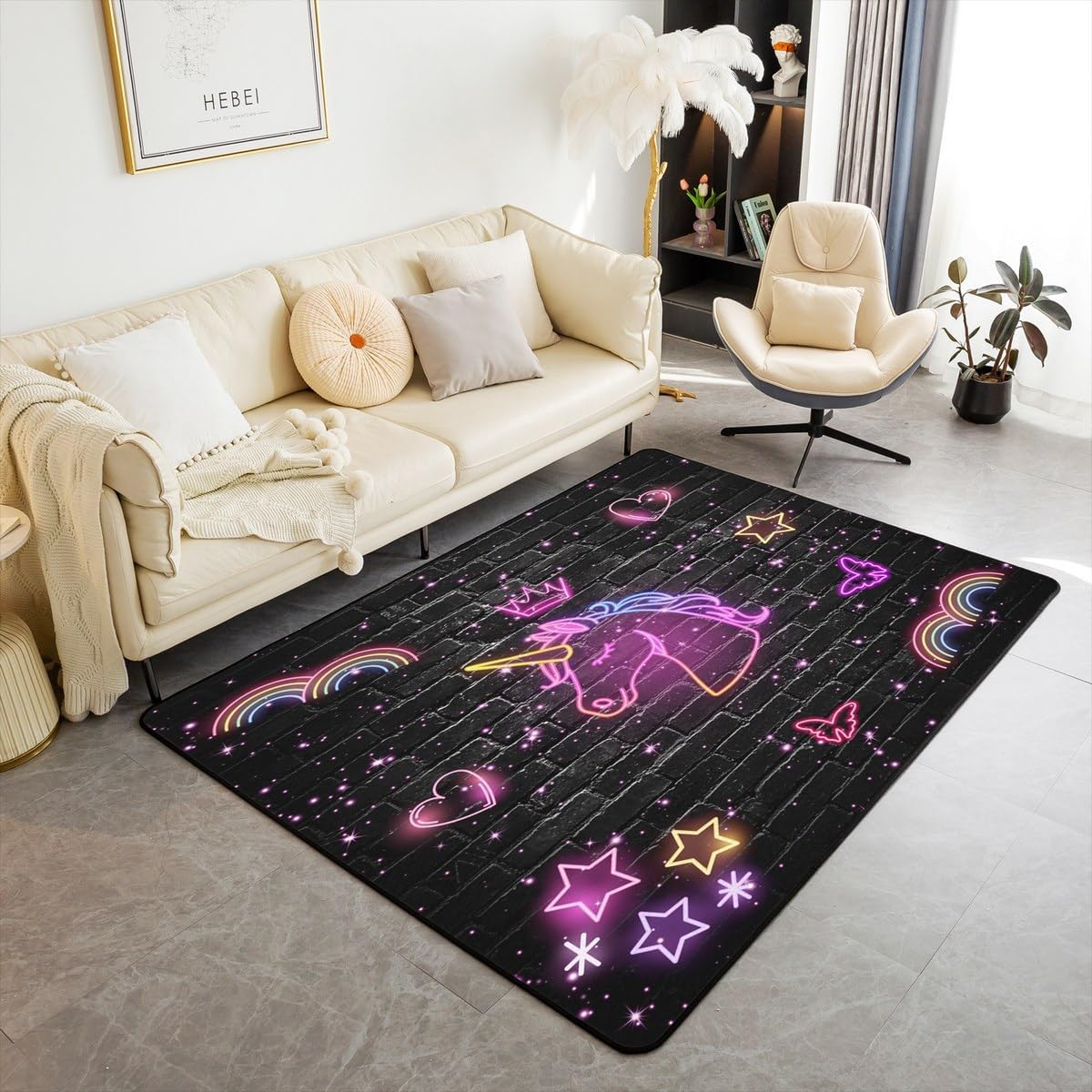 Homewish Cute Unicorn Rug 5x6'6'',Rainbow Glitter Purple Neon Light Kids Non Slip Decorative Indoor Mat,Retro Black Gray Brick Wall Shedding Rug for Living Room Playroom Bedside for Adults