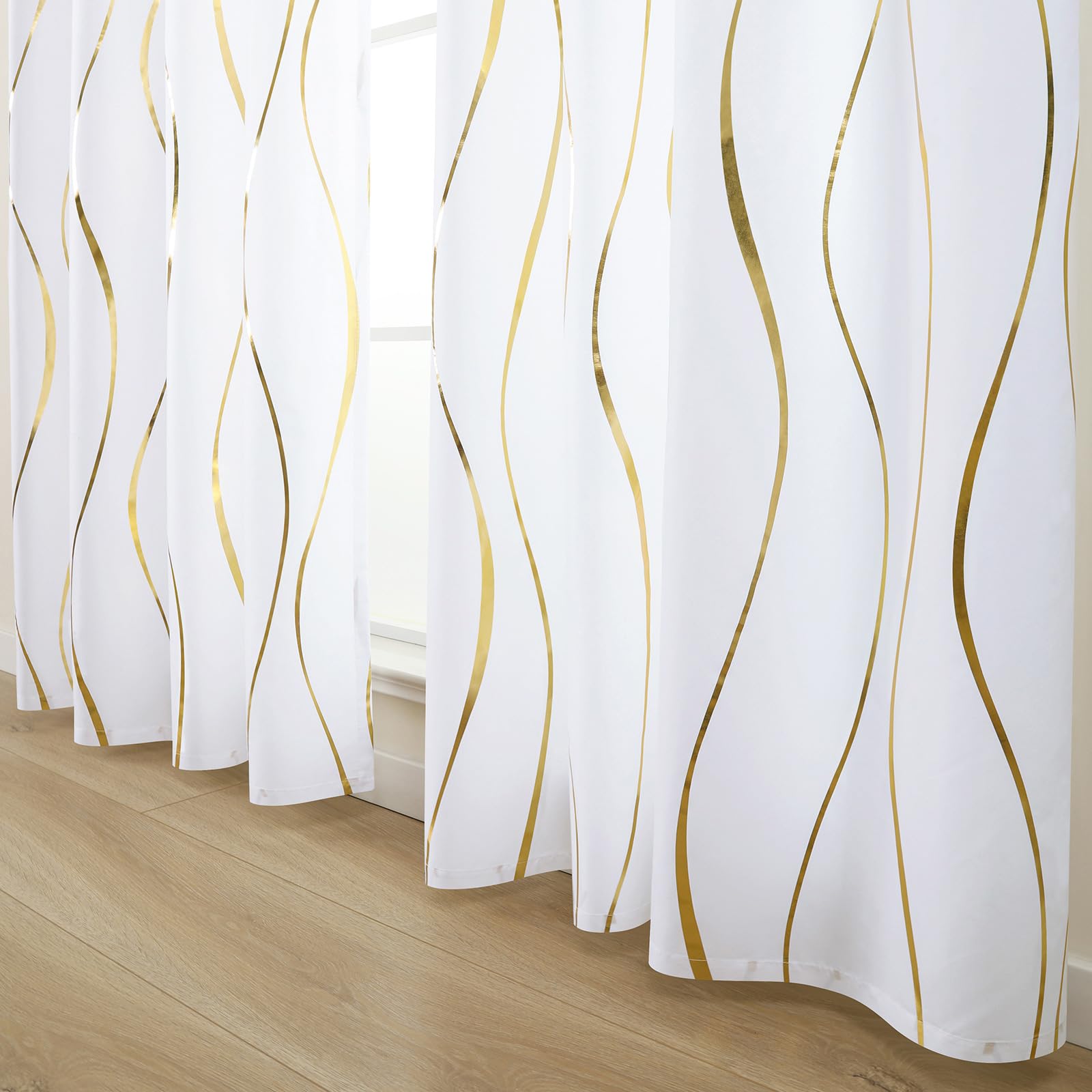 L.Z.E Vorhang Sichtschutz Gold Weiss, Gardinen Gold Weiß für Wohnzimmer Schlafzimmer, Ösen Vorhänge mit Wellenmuster, 2er Set Lichtdurchlässig Fenster Gardine (LZE2251E-WG225)