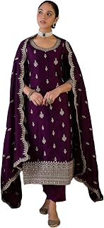 INDO ERA Women's Straight Silk Blend Ethnic Motifs Embroidered Kurta & Pant with Dupatta Set (IESTR10550) Price In India