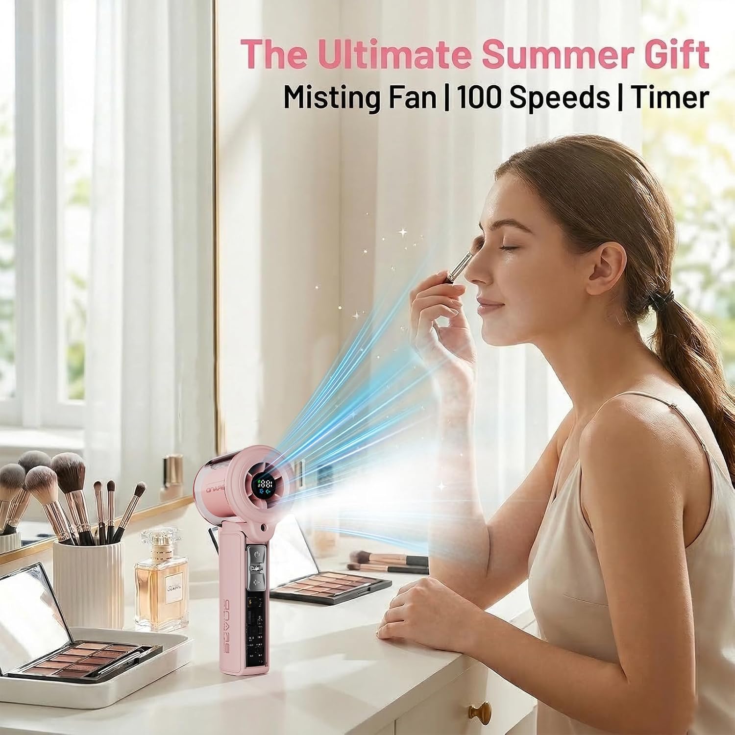 Mini Misting Handheld Fan, 3000mAh Rechargeable Portable Fan with 100-Speed Adjustment, Smart Timer, Personal Fans for Summer Beach Travel Concerts, Ideal Gifts for Women (Pink)