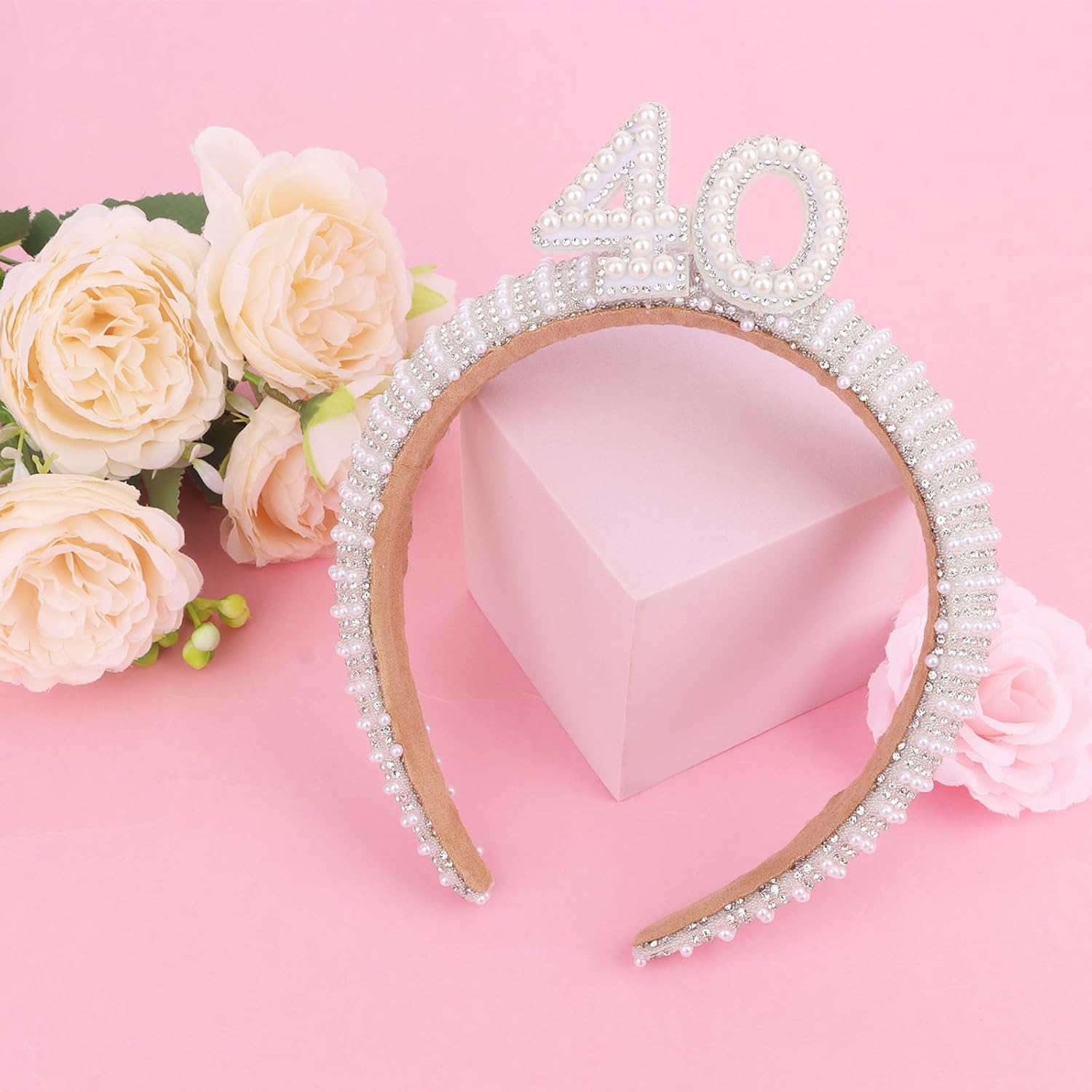 AMCAMI 40th Birthday Headband for Women Birthday Pearl Beaded Headbands Gift Hair Accessory 40th Birthday Decorations for Women - Image 3