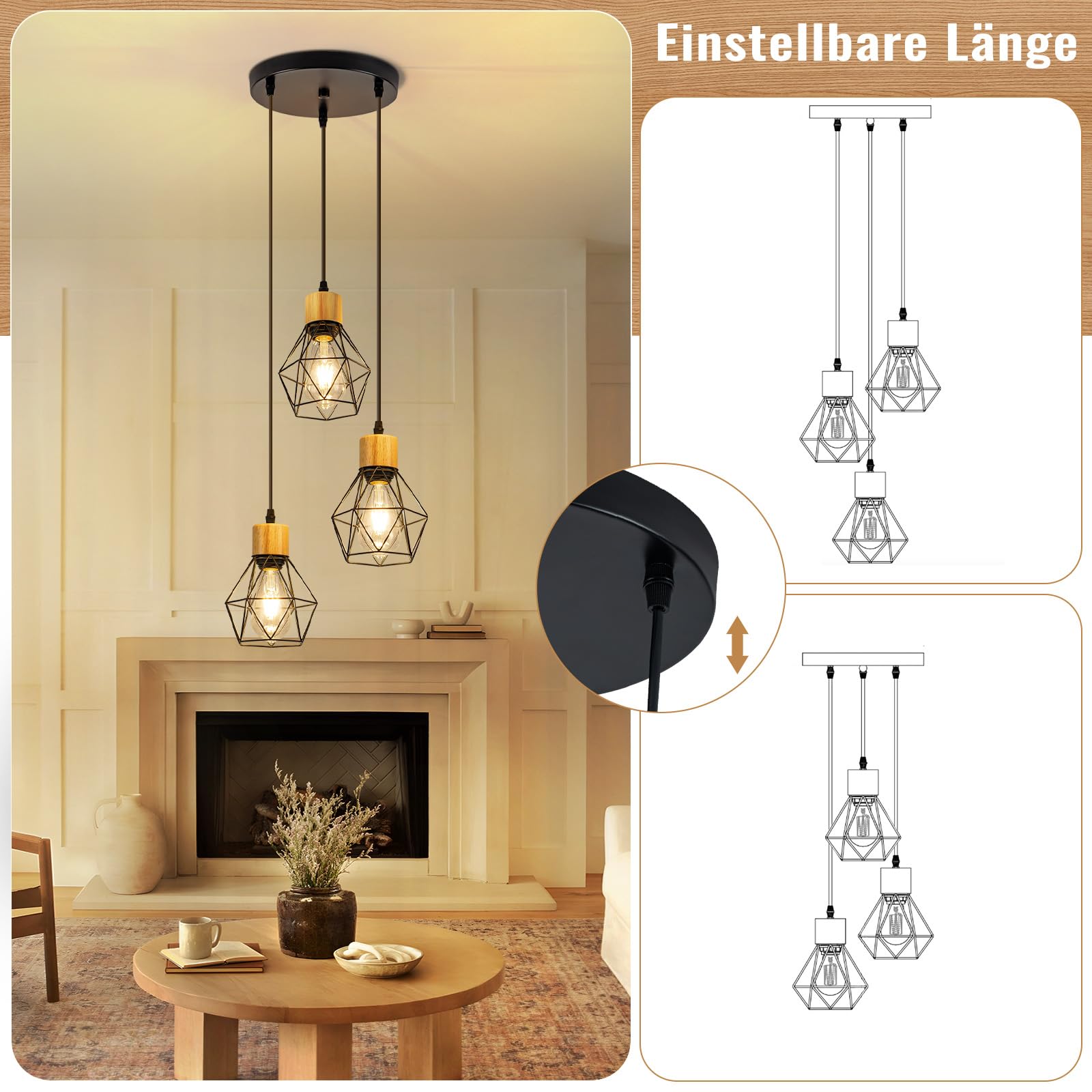 Retro industriële hanglamp 3 lampen Vintage transparante ronde glazen schaduw ontwerp opknoping plafond lamp armatuur voor woonkamer keuken eiland bar eetkamer tafel Loft kroonluchter, zwart