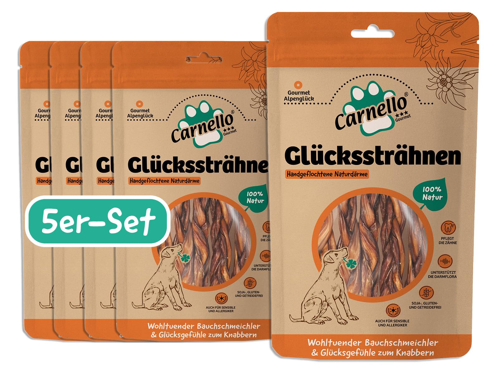 Carnello Glückssträhnen – Knabberstangen Hund getreidefrei, Hunde Leckerlis, Hundeleckerli getreidefrei – Wiederverschließbare Beutel (5 x 5 Stück)