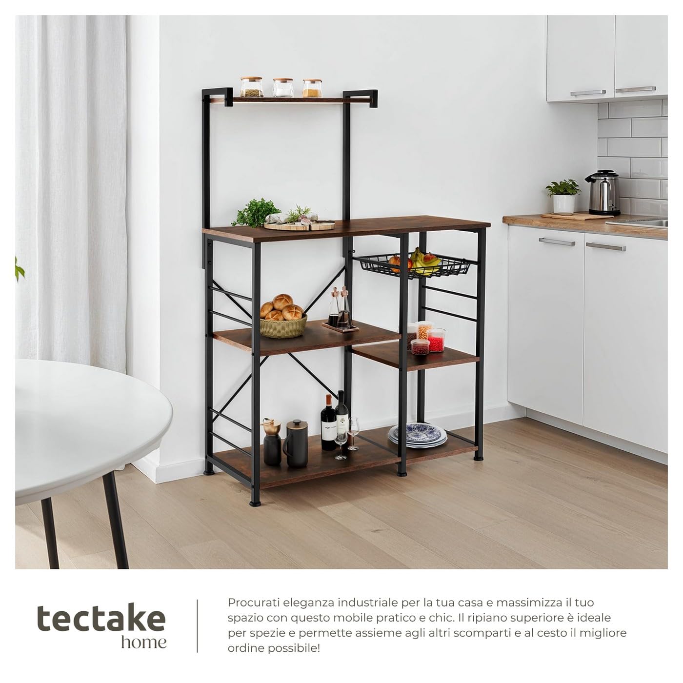 tectake® Scaffale Cucina 90x40x131,5cm, Organizer Cucina 6 Ripiani, Scaffale Portaoggetti, Ripiano d'Appoggio per Microonde e Piatti, Mobiletto Salvaspazio, Arredamento Casa - Legno Industriale Scuro