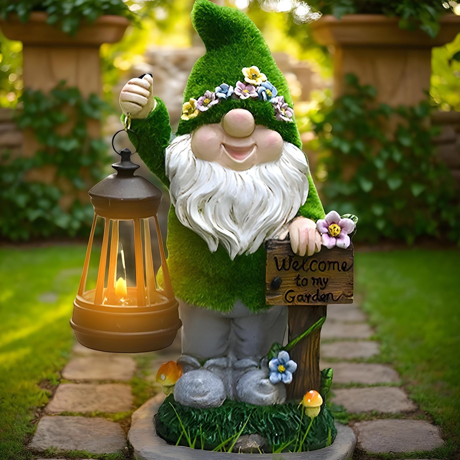 Gnomo da giardino a energia solare, grazioso gnomo da giardino con lanterna, luci paesaggistiche, statue esterne per Natale, festa della mamma, San