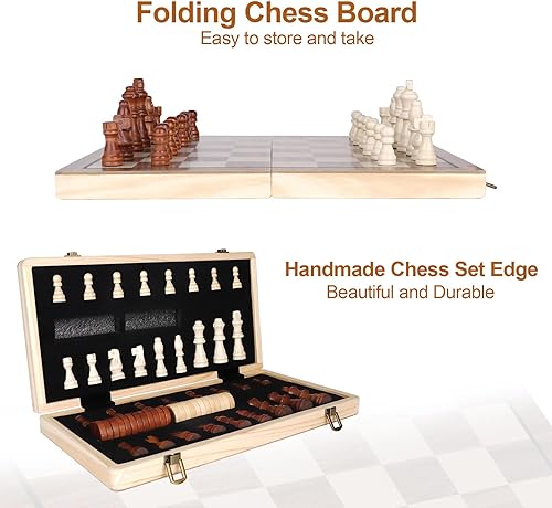 Miniatura 5 de Juegos de ajedrez de madera de 15 pulgadas, juego de ajedrez y damas con 2 reinas adicionales, tablero de ajedrez de madera plegable para adultos y