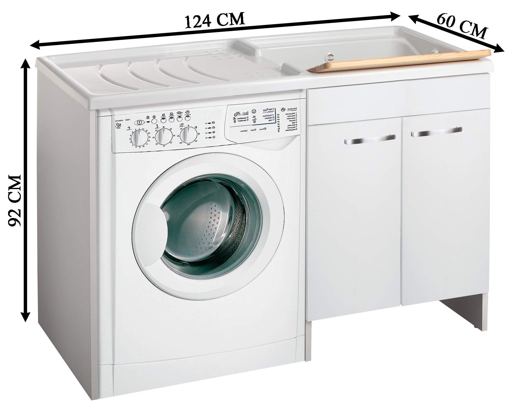 Negrari Classica Lavatoio Coprilavatrice Montato Vasca Destra Lavatrice Sinistra Bianco Anta Battente Cerniere Chiusura Rallentata Mobile Lavabo Polipropilene Asse Pino Interno L124 P60 124x60 H92 cm