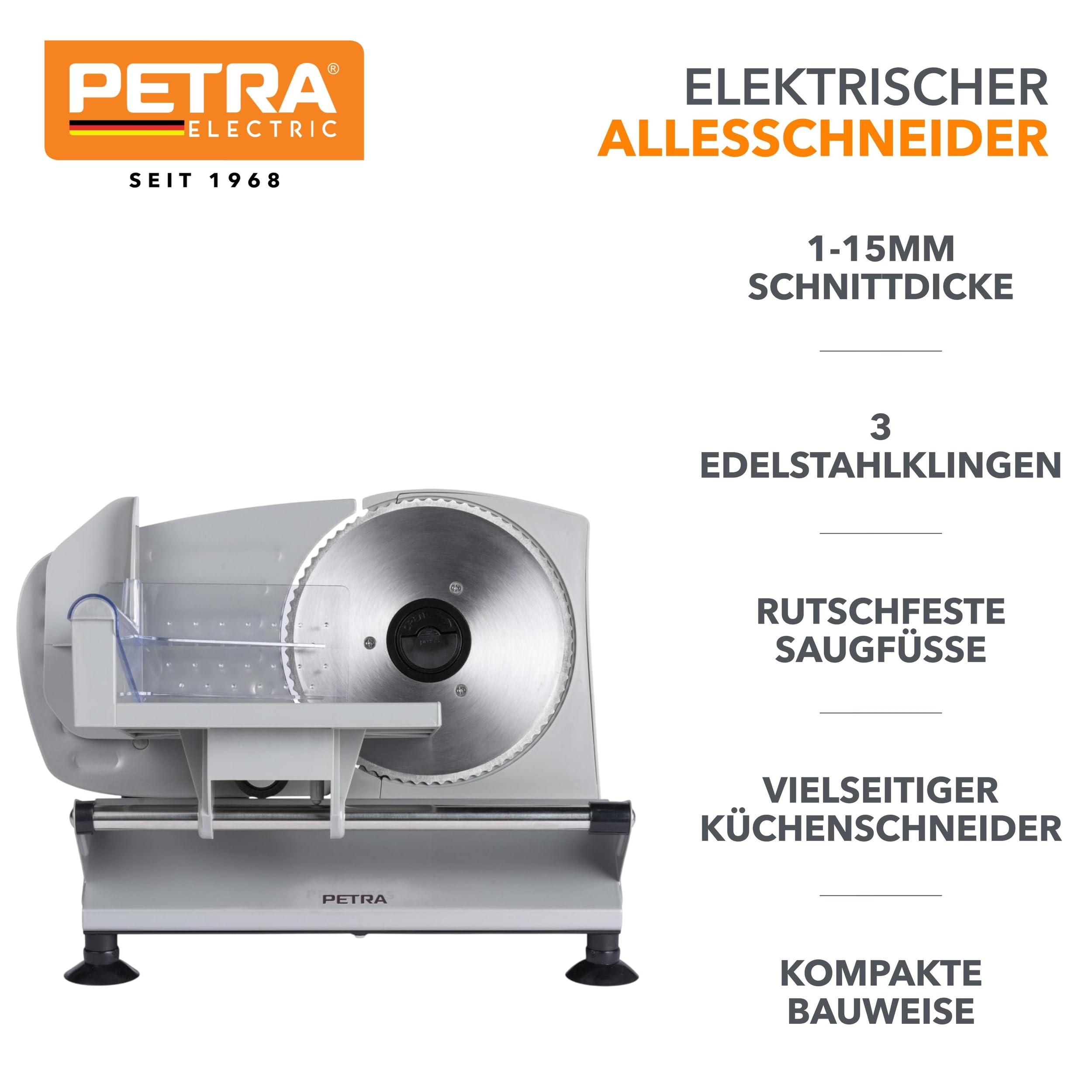 Petra Pt4636Vde Elektryczna Krajalnica – Maszynka Do Krojenia Miesa, Sera, Chleba, Regulowana Grubosc Ciecia 1–15 Mm, Ostrza Gladkie i Zabkowane Ze Stali Nierdzewnej 3 X 170 Mm, Nózki Antyposlizgowe