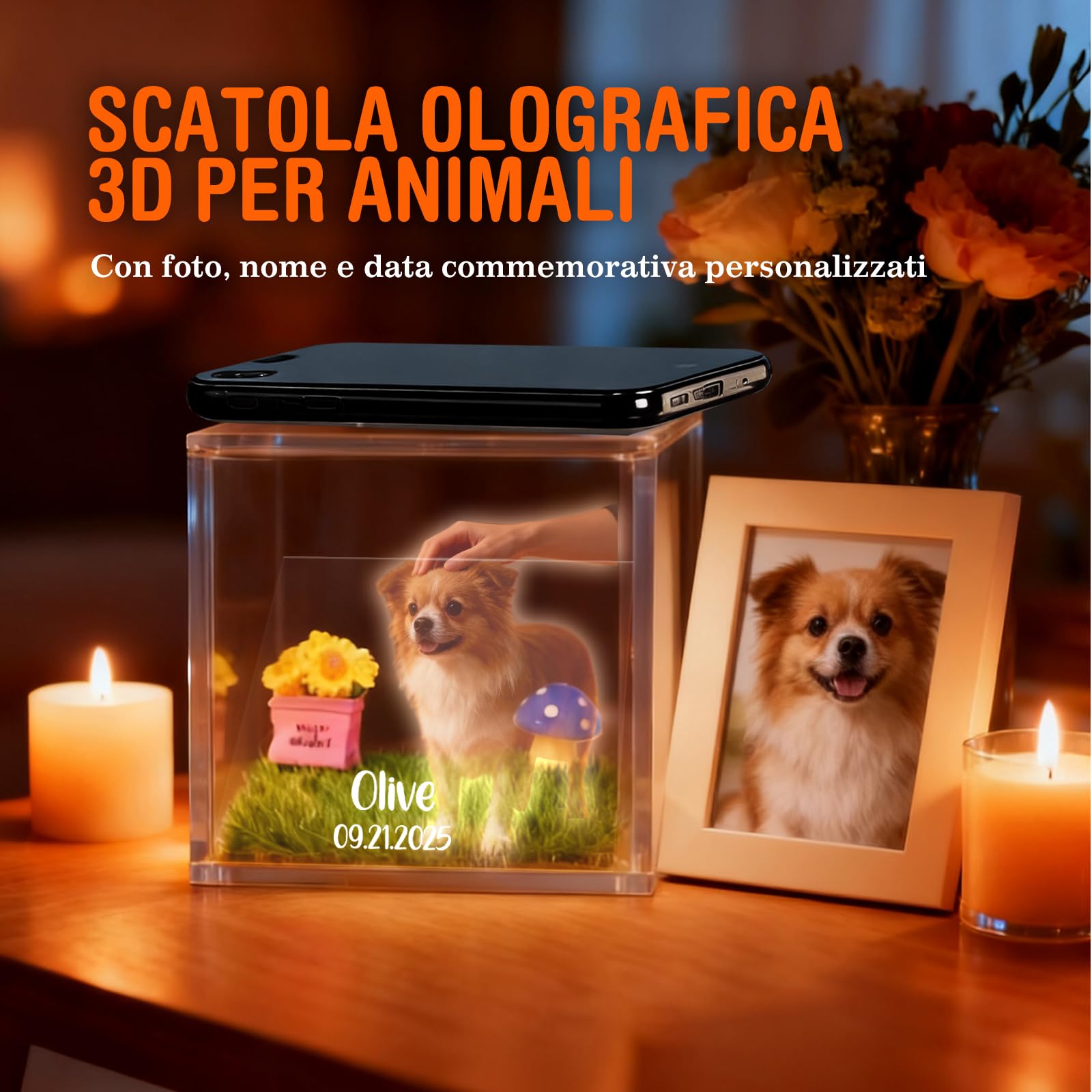 Scatola Commemorativa Olografica Personalizzata per Animali Domestici – Cornice in Resina con Foto e Incisione – Regalo Speciale per Ricordare il Tuo Animale, Perfetto per Amici, Familiari